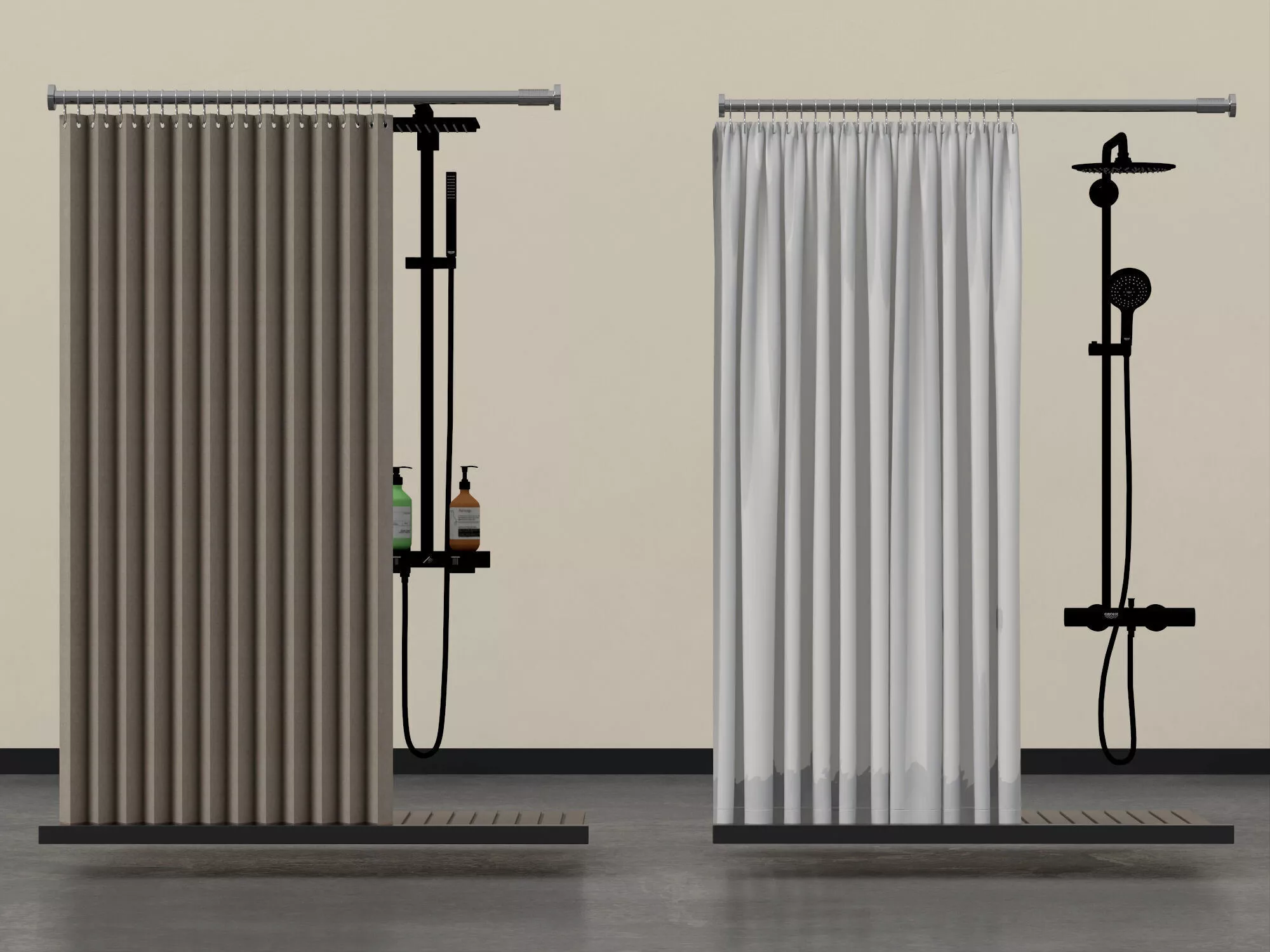 Modern Bathroom Shower Set with Fabric Curtains and Hardware Free low-poly 3D model