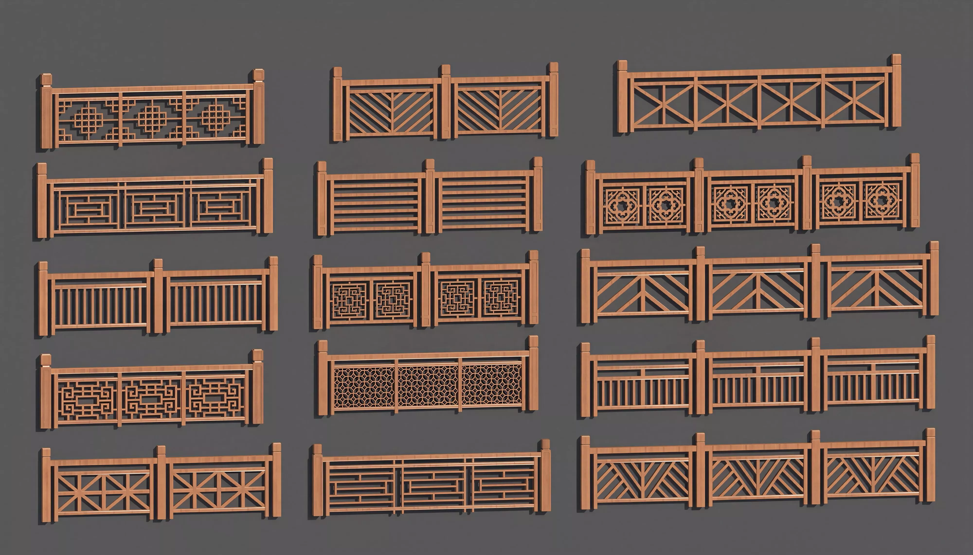 15 Styles New Chinese Hollow Lattice Wooden Balustrade Railing 3D model