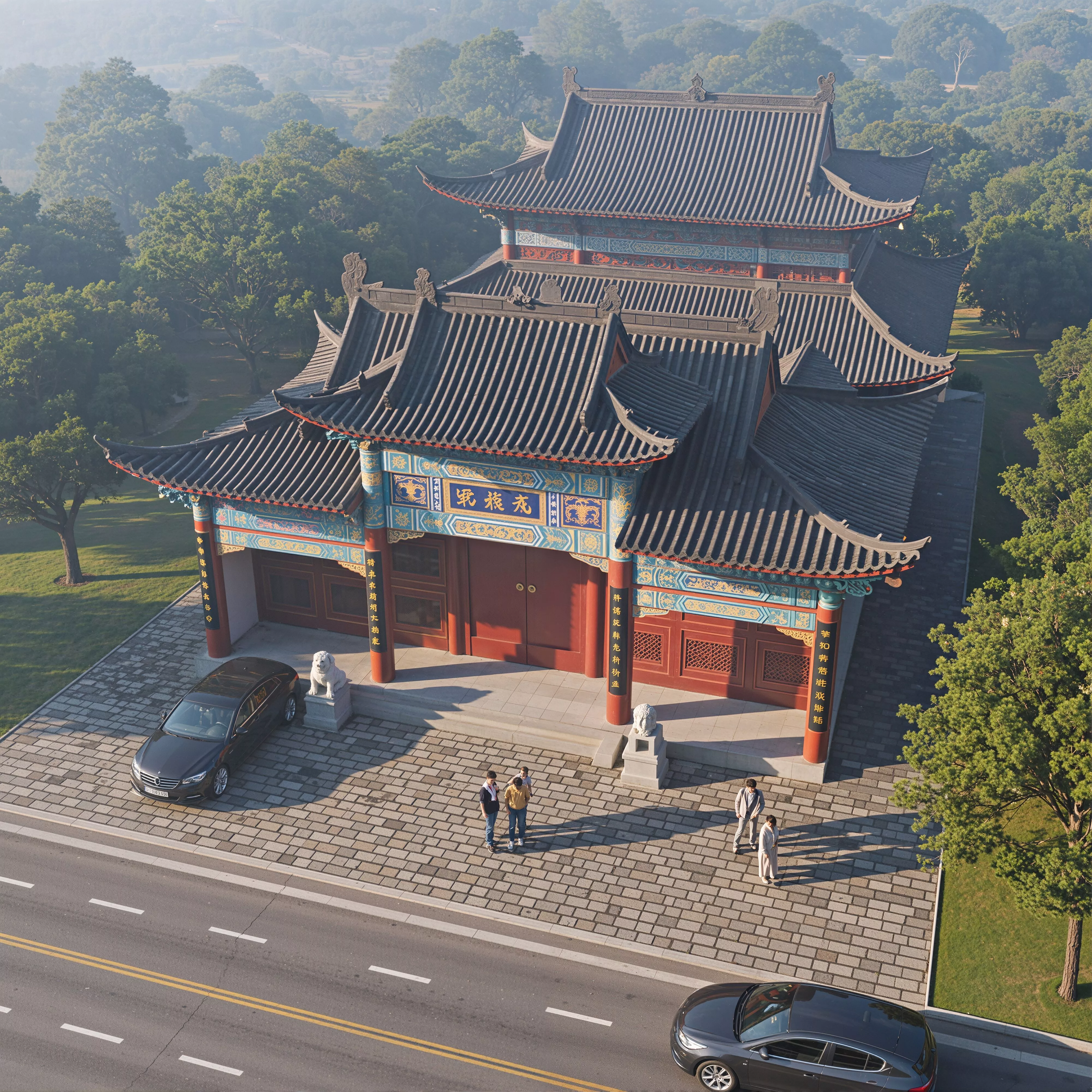 Aerial View Two Tier Chinese Temple Hall Twin Stone Lions 3D model