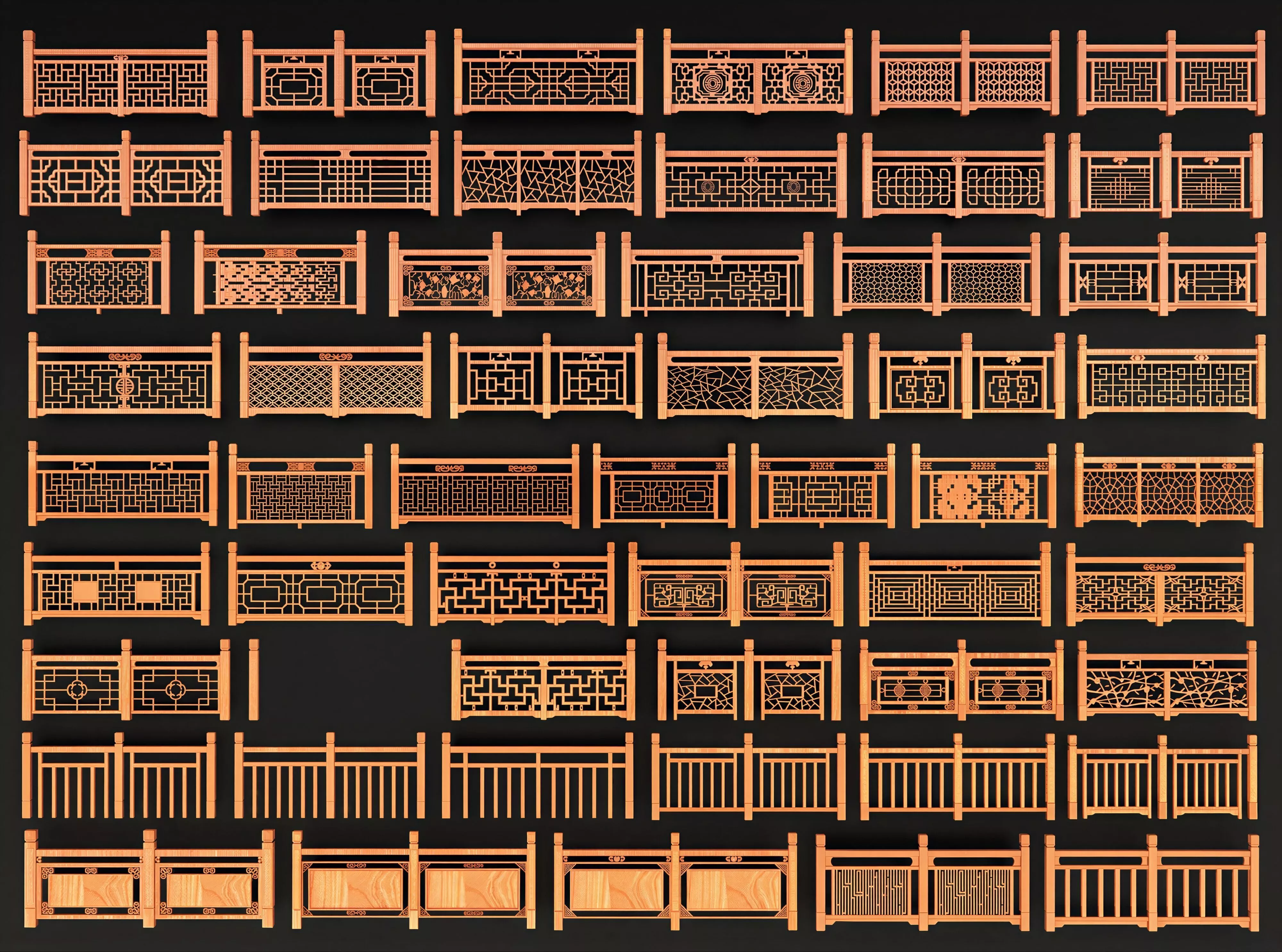 48 Styles New Chinese Solid Wood Hollow Lattice Balustrade 3D model
