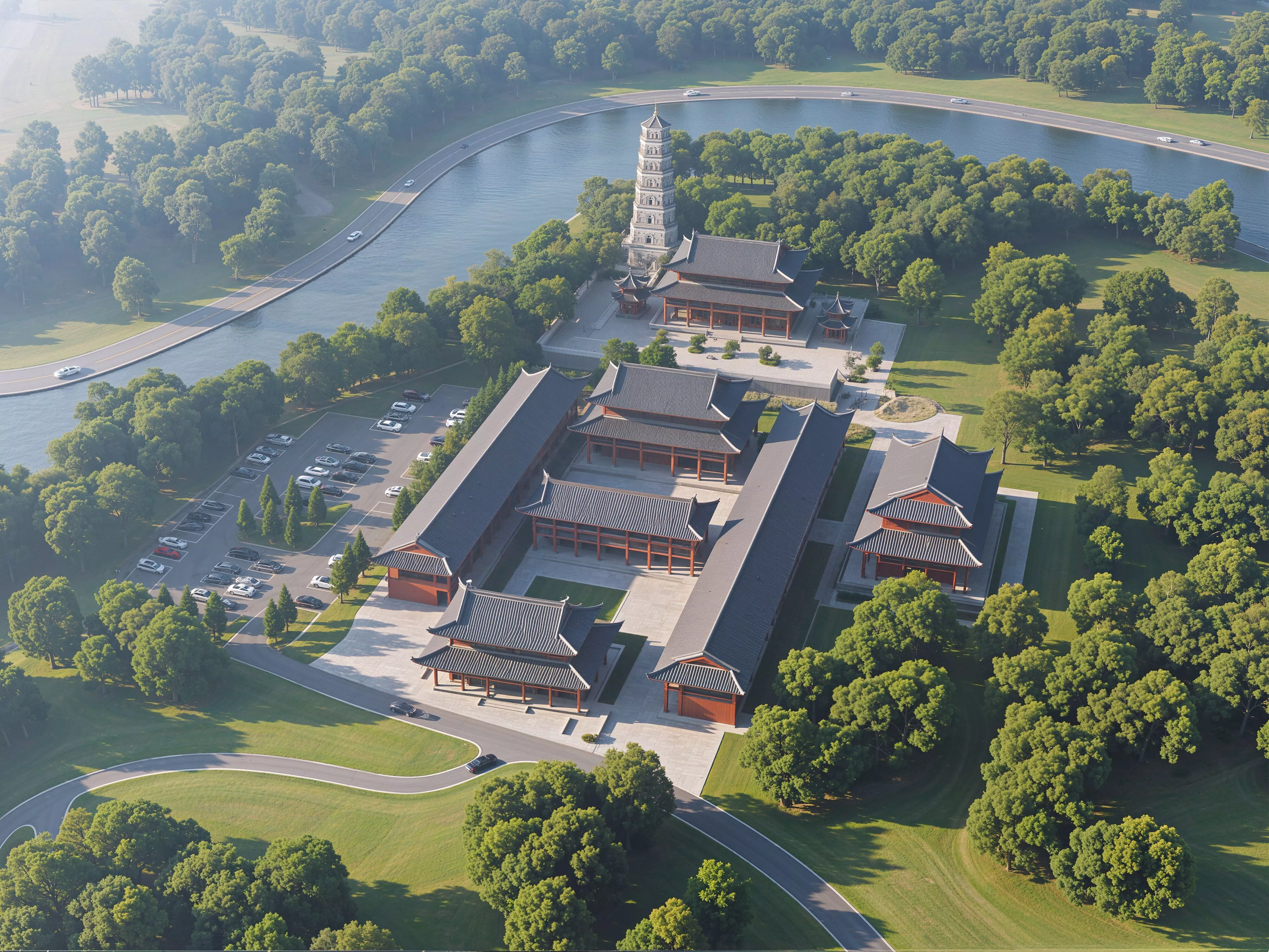Aerial View Ancient Chinese Temple Complex Pagoda River 3D model