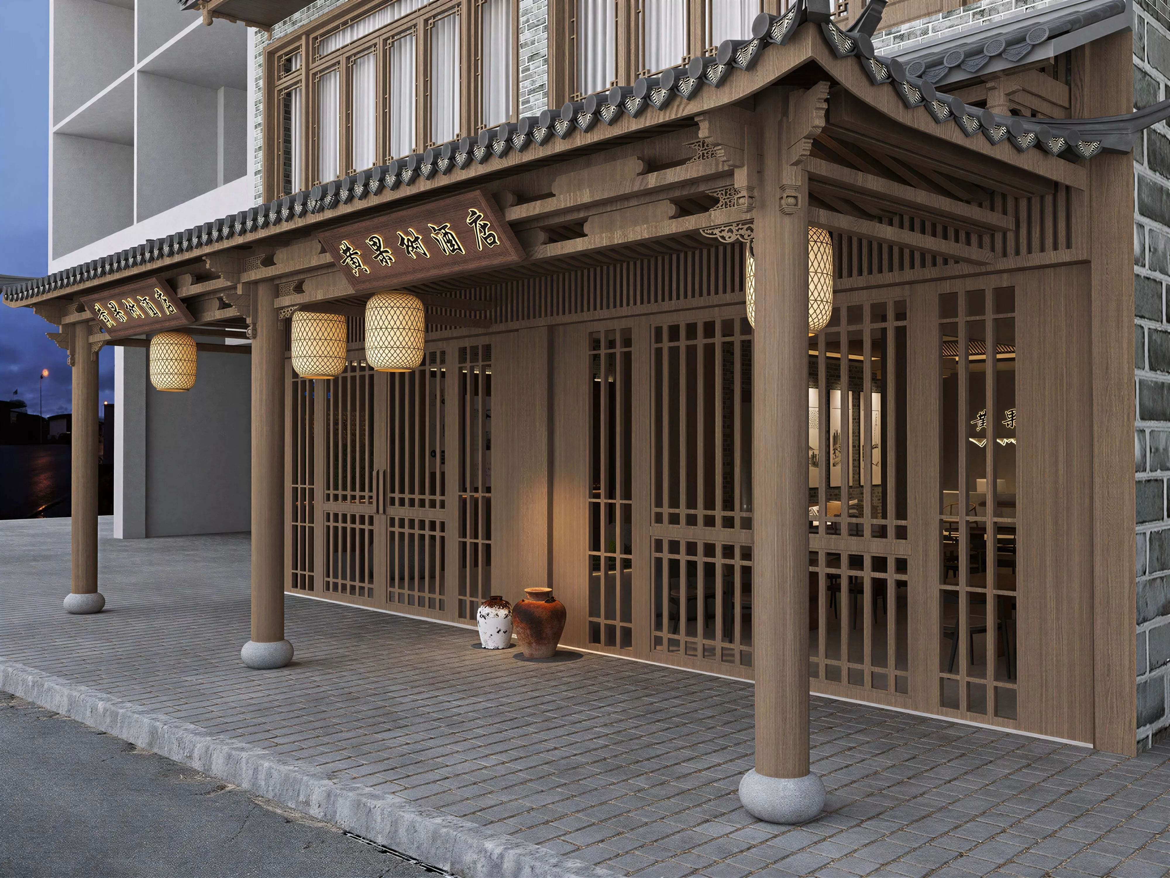 New Chinese Wooden Hotel Entrance Flying Eaves Facade Lantern 3D model