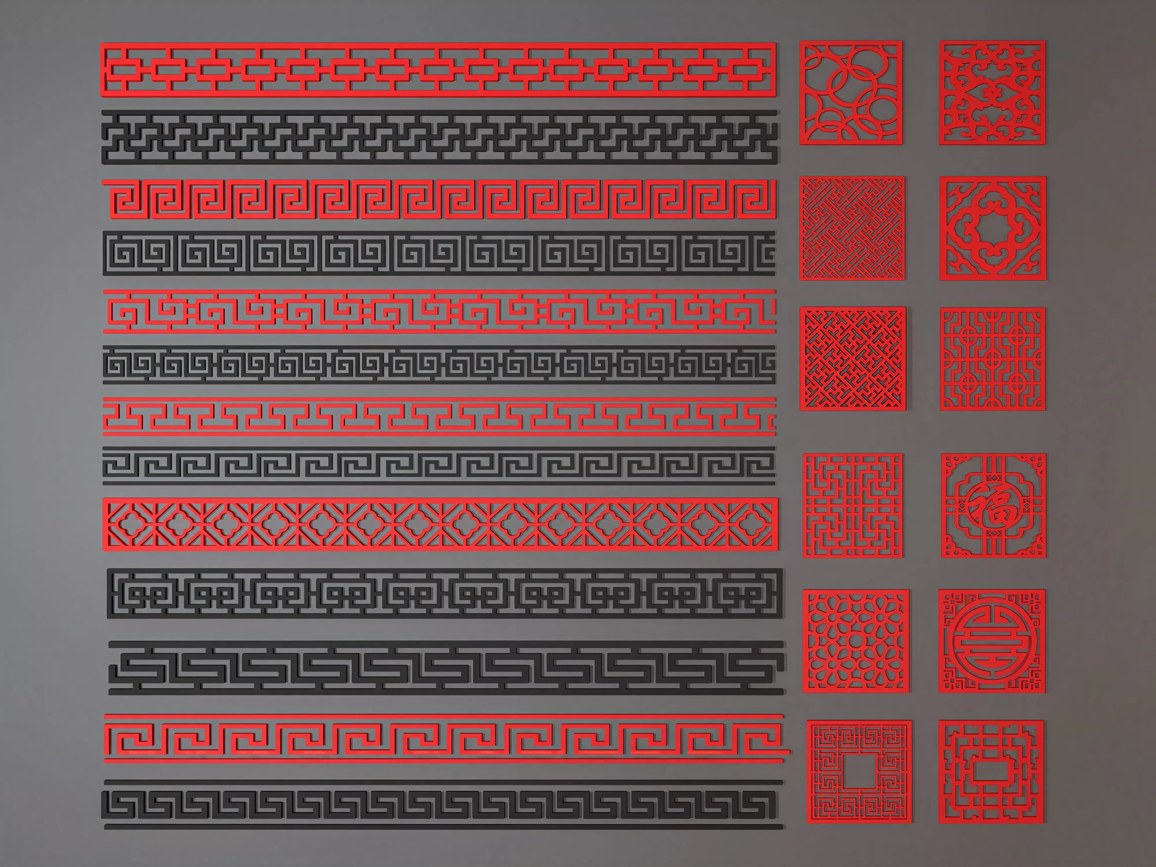 Mixed Color Chinese Hui Ge Floral Square Relief Border Window 3D model