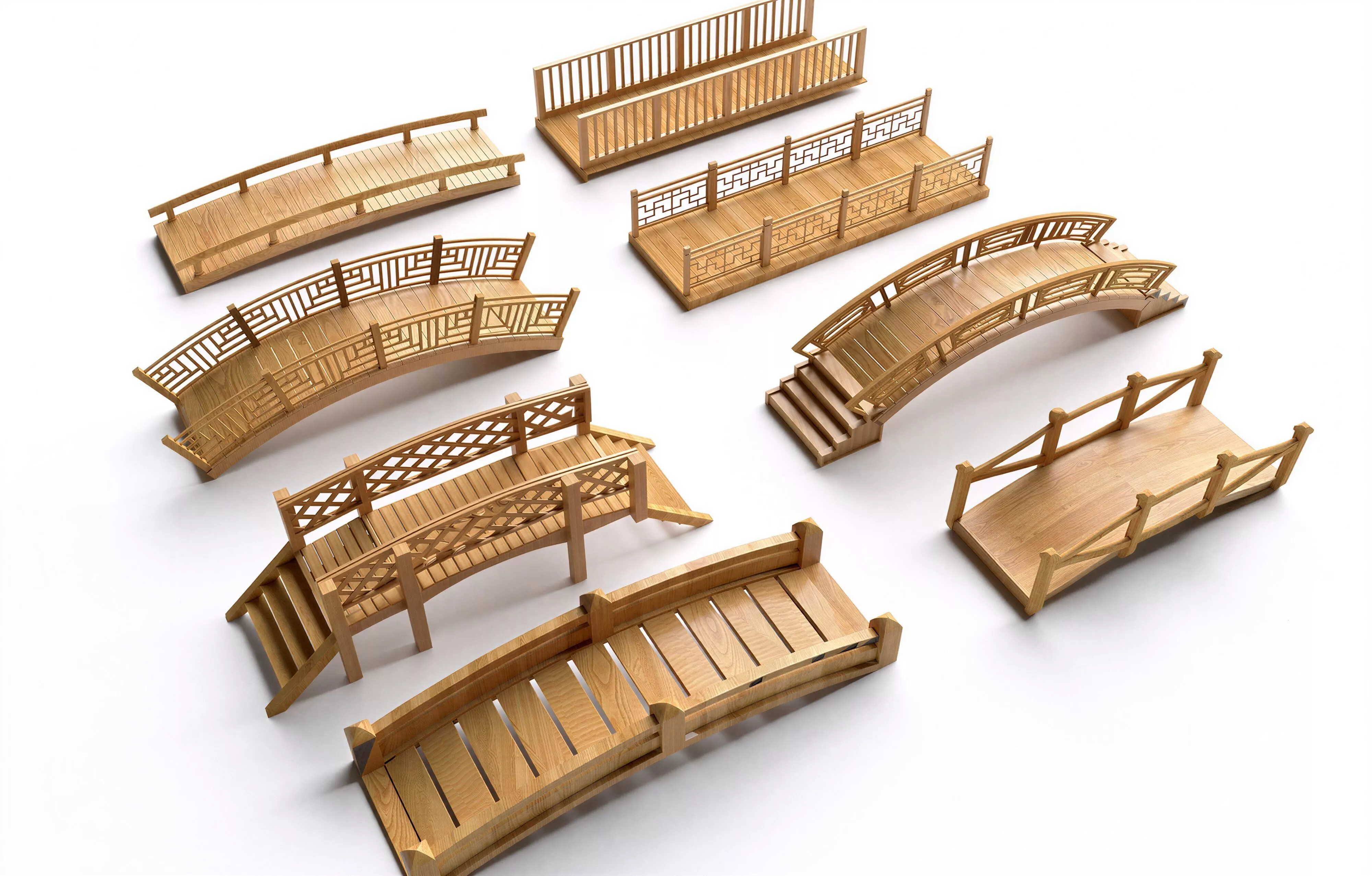 9 Styles Light Oak New Chinese Curved Straight Garden Wooden 3D model