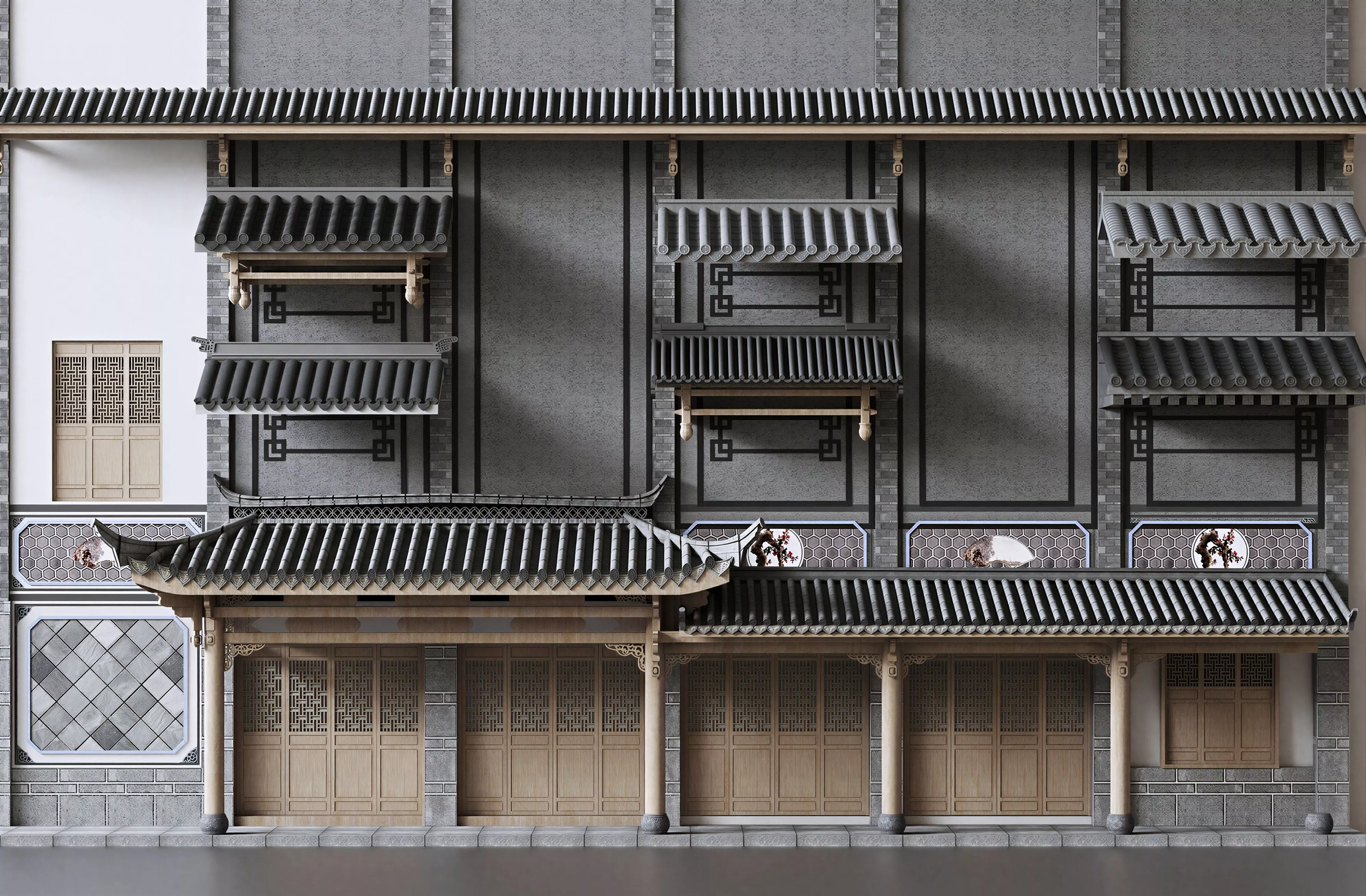 Modular Suzhou Jiangnan Facade Components Grey Tile Eave 3D model