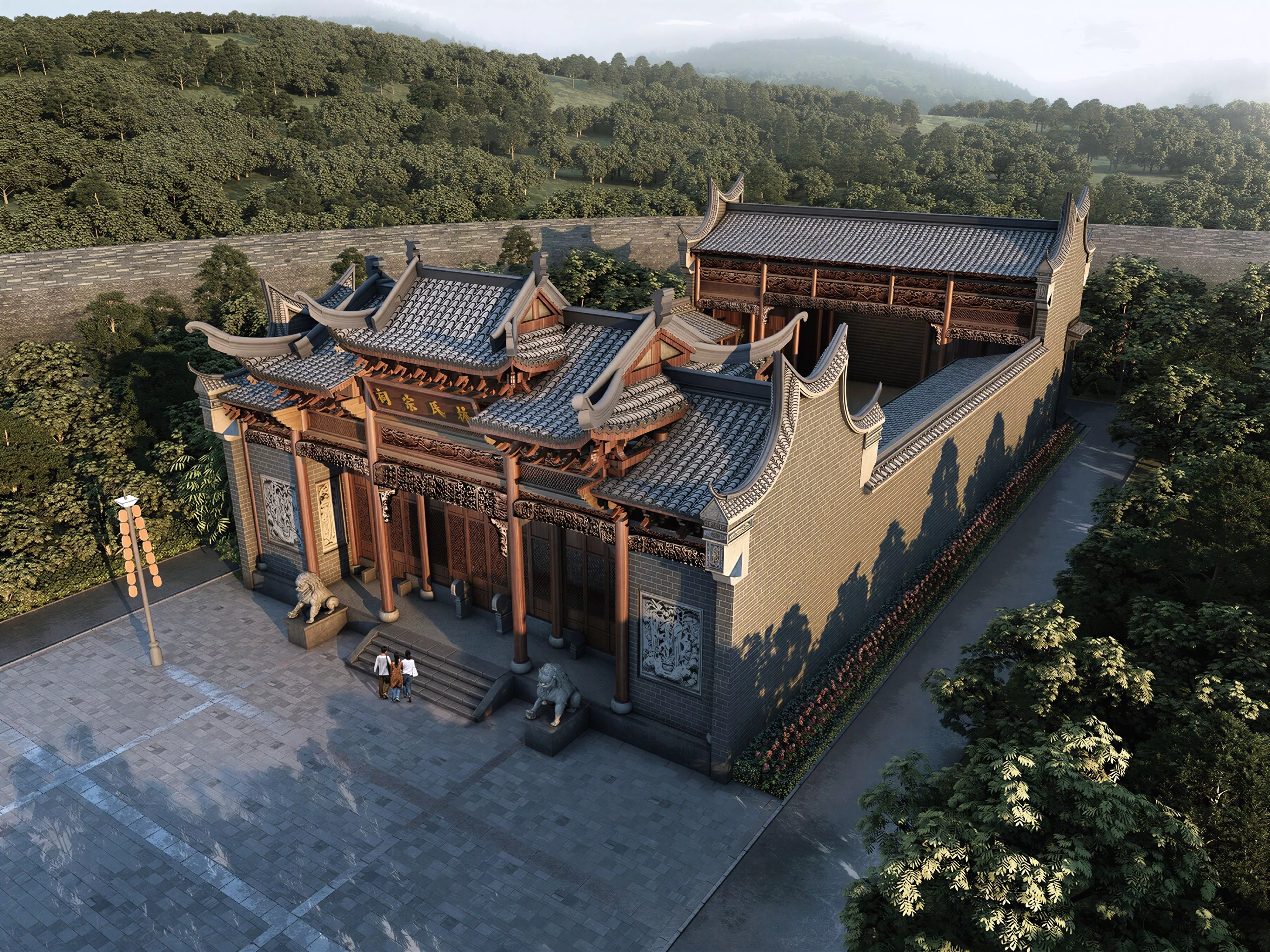 Chinese Ancestral Hall Grey Tile Flying Eaves Compound 3D model