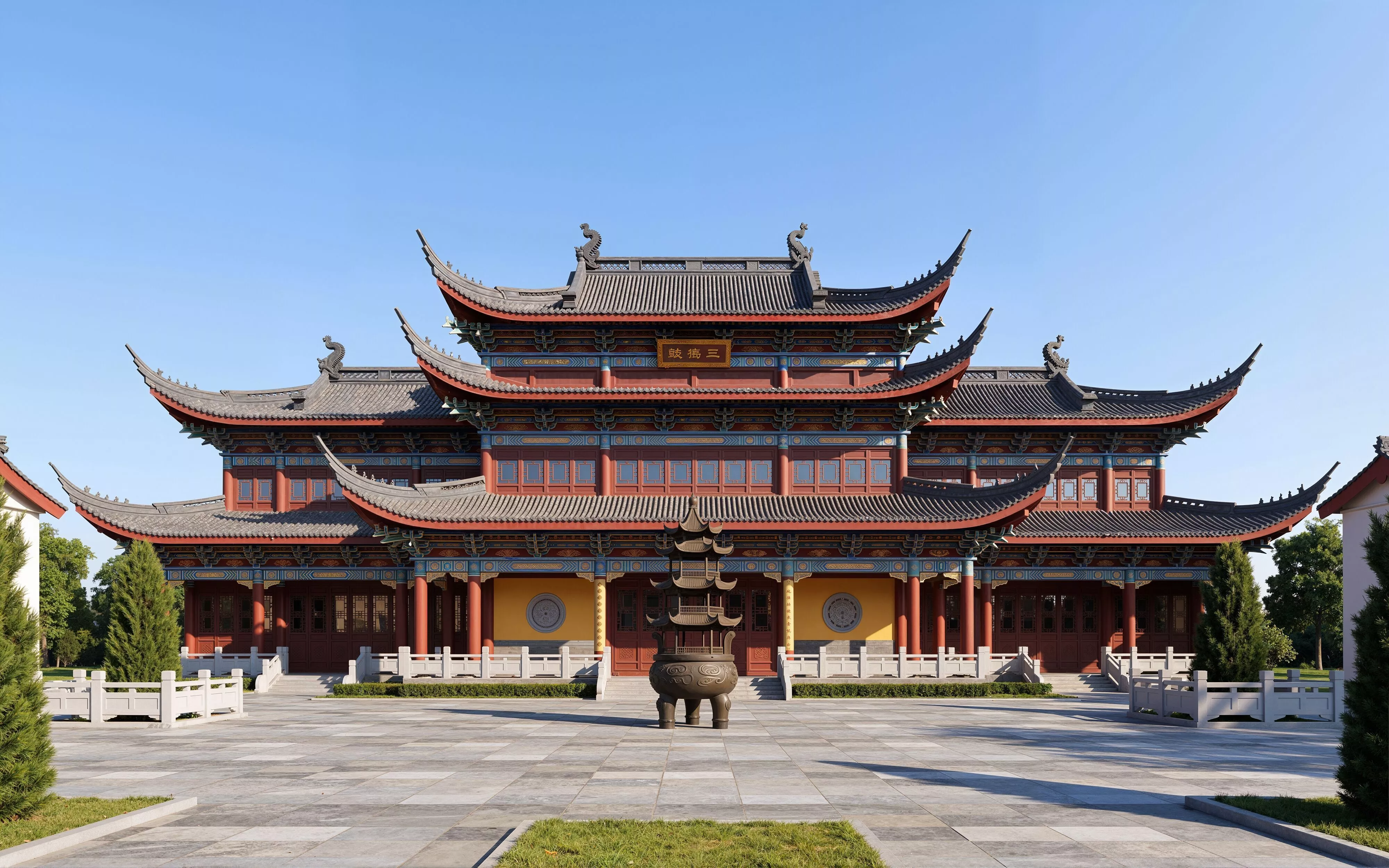 Front View Triple Eave Chinese Buddhist Temple Hall Courtyard 3D model