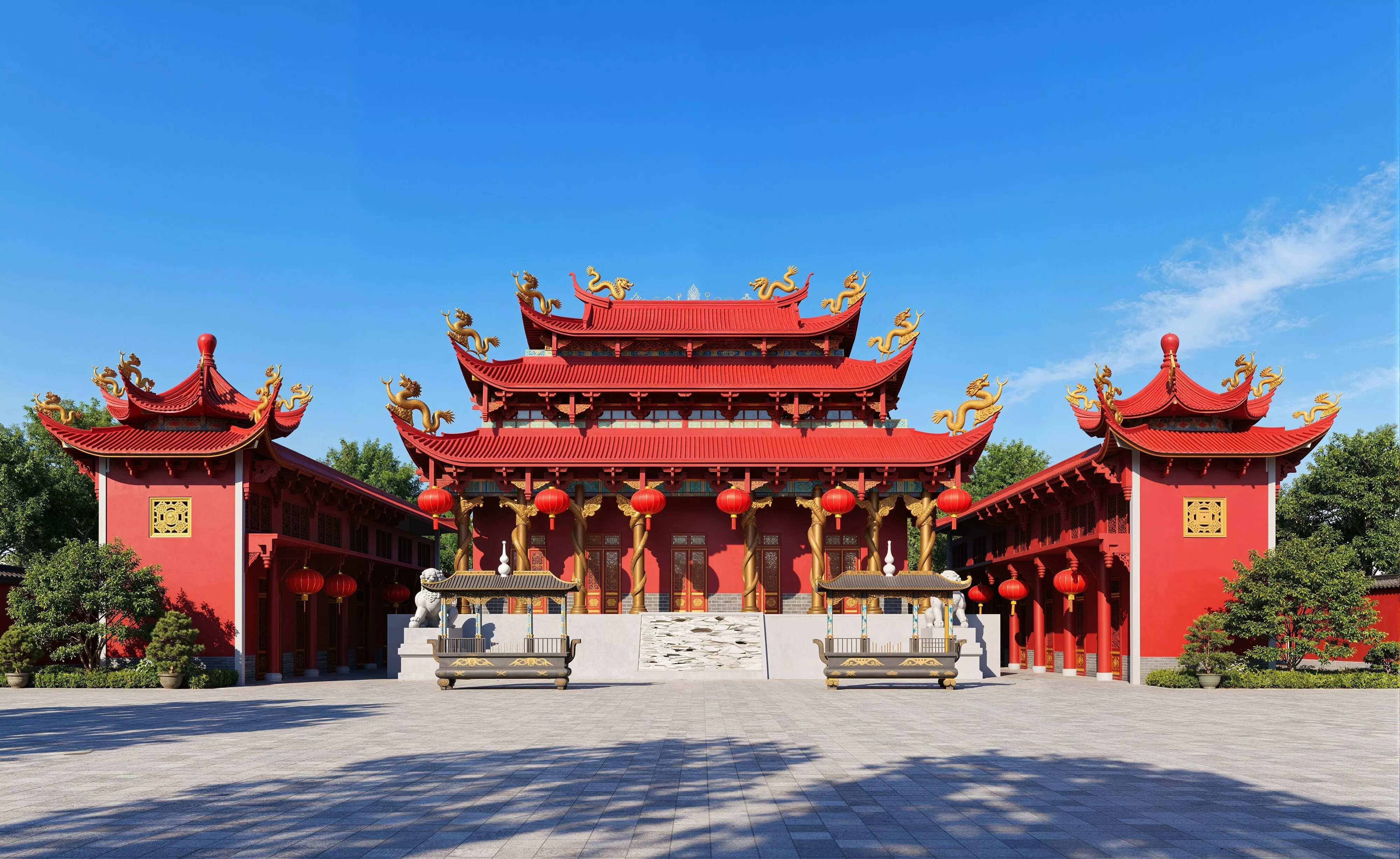 Red Eave Chinese Dragon Ornament Temple Courtyard 3D model