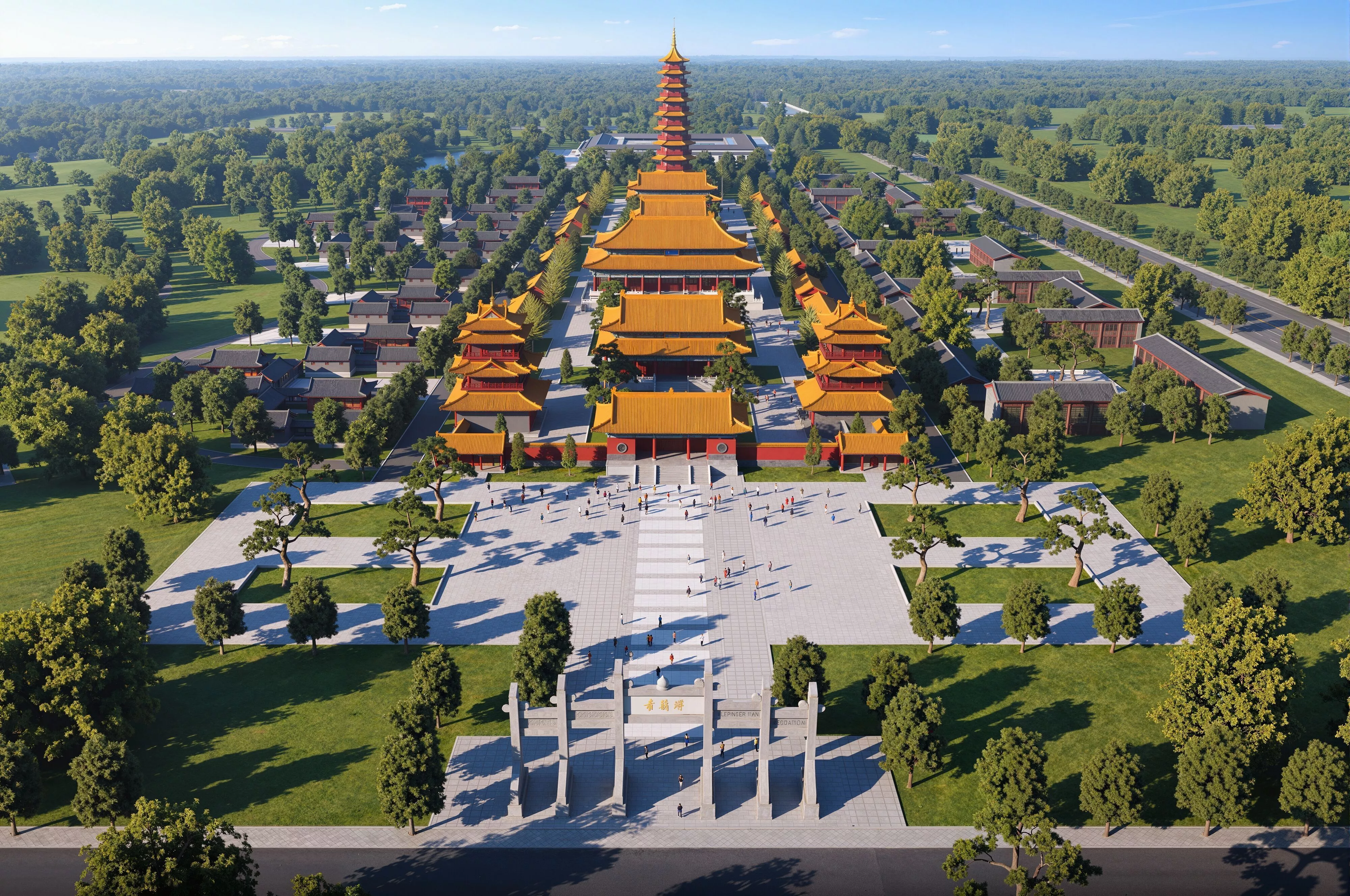 Golden Tile Chinese Temple Pagoda Symmetrical Monastery 3D model