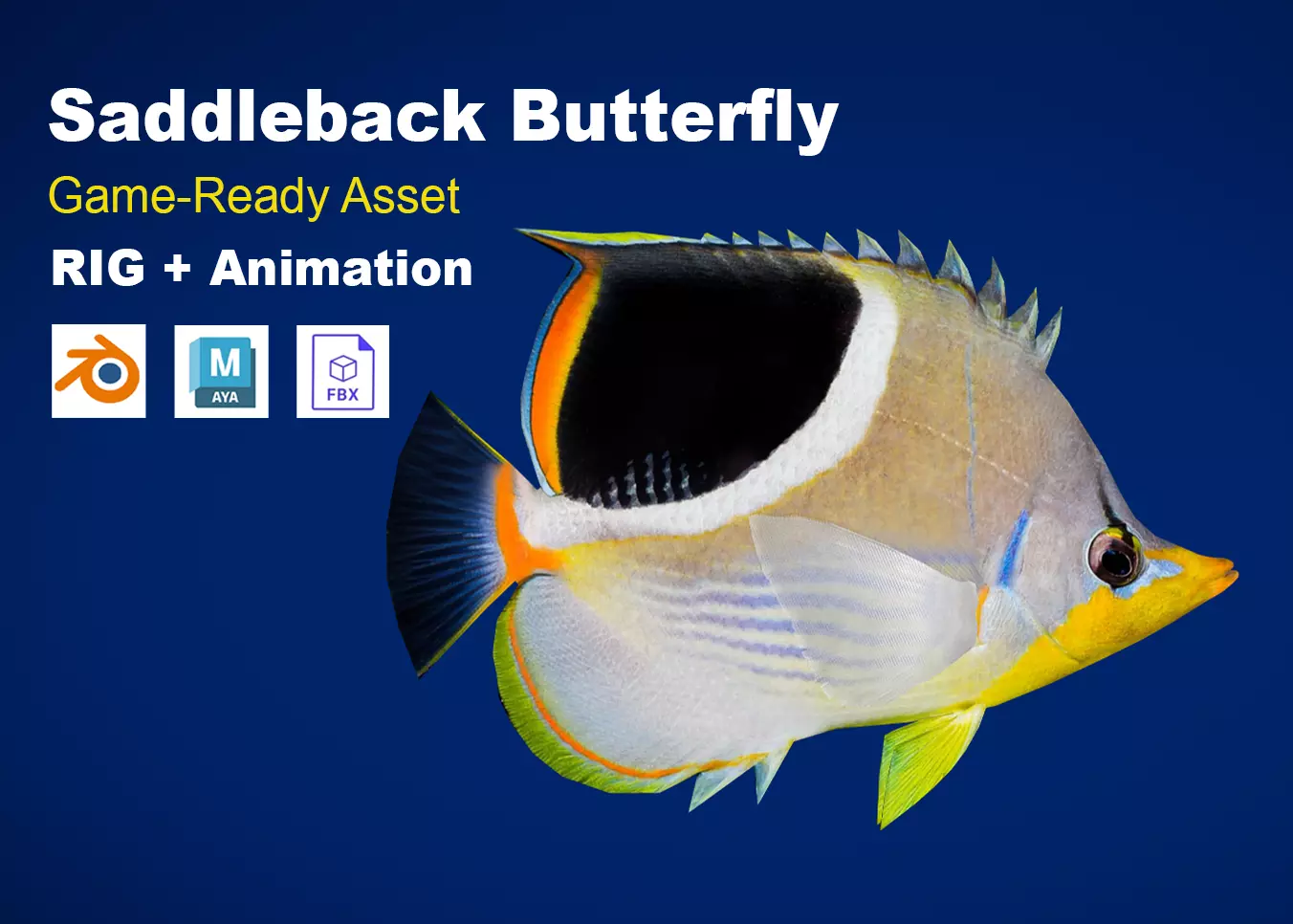 Realistic Saddleback Butterflyfish Animated Low-poly 3D model