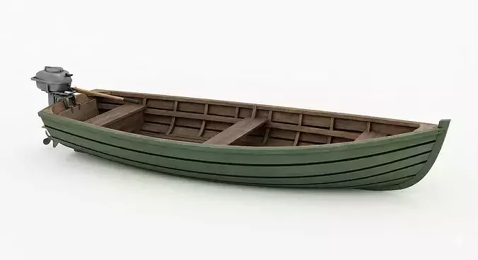 Realistic Vintage Wooden Motorized Rowboat 3D Model