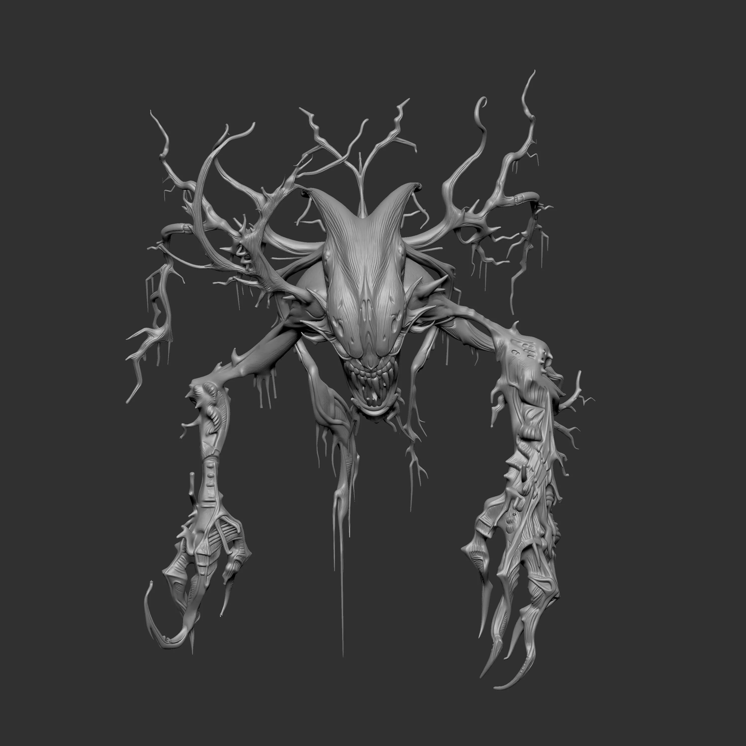 creature featuring long horns and bark-like skin textures 3D print model