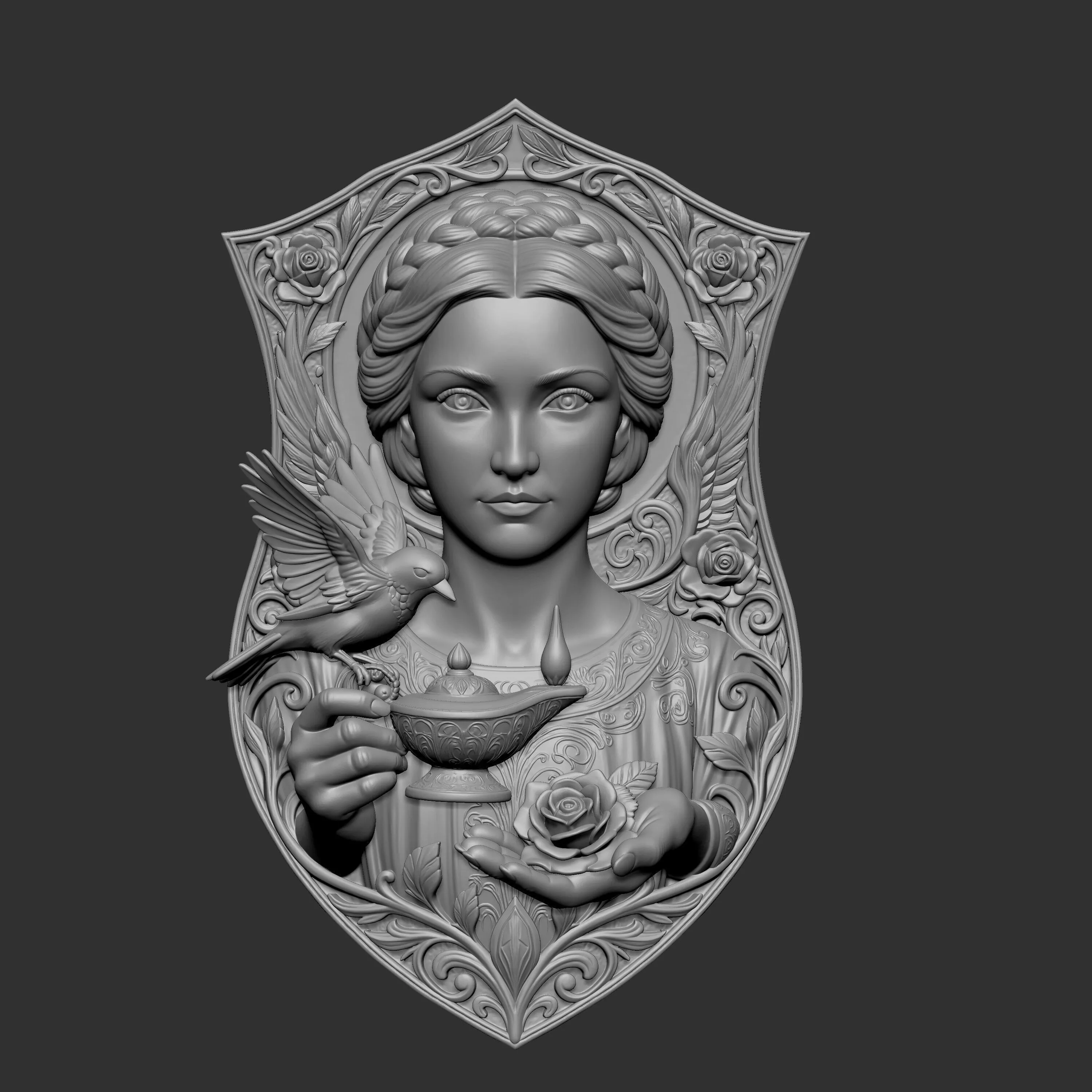 3D digital model of a woman in a shield-shaped relief 3D print model