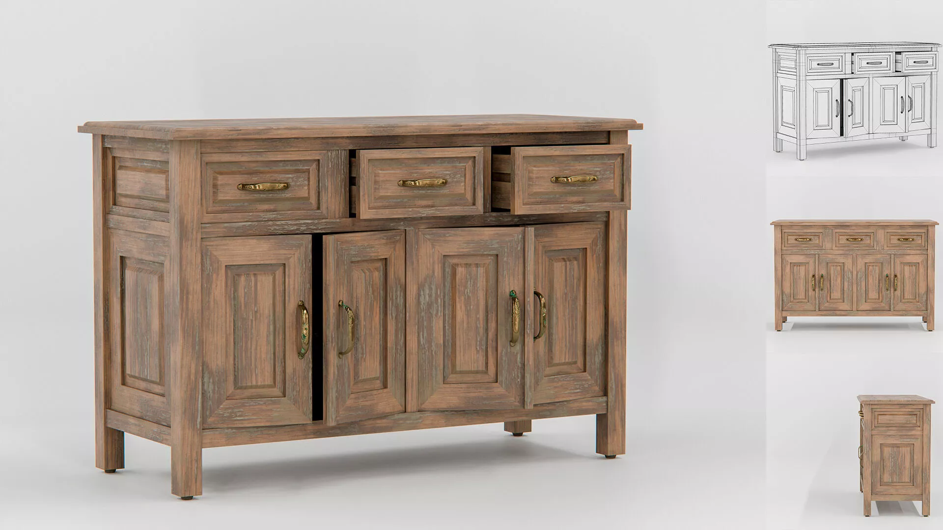 Vintage Rustic Wooden Sideboard Cabinet 3D model