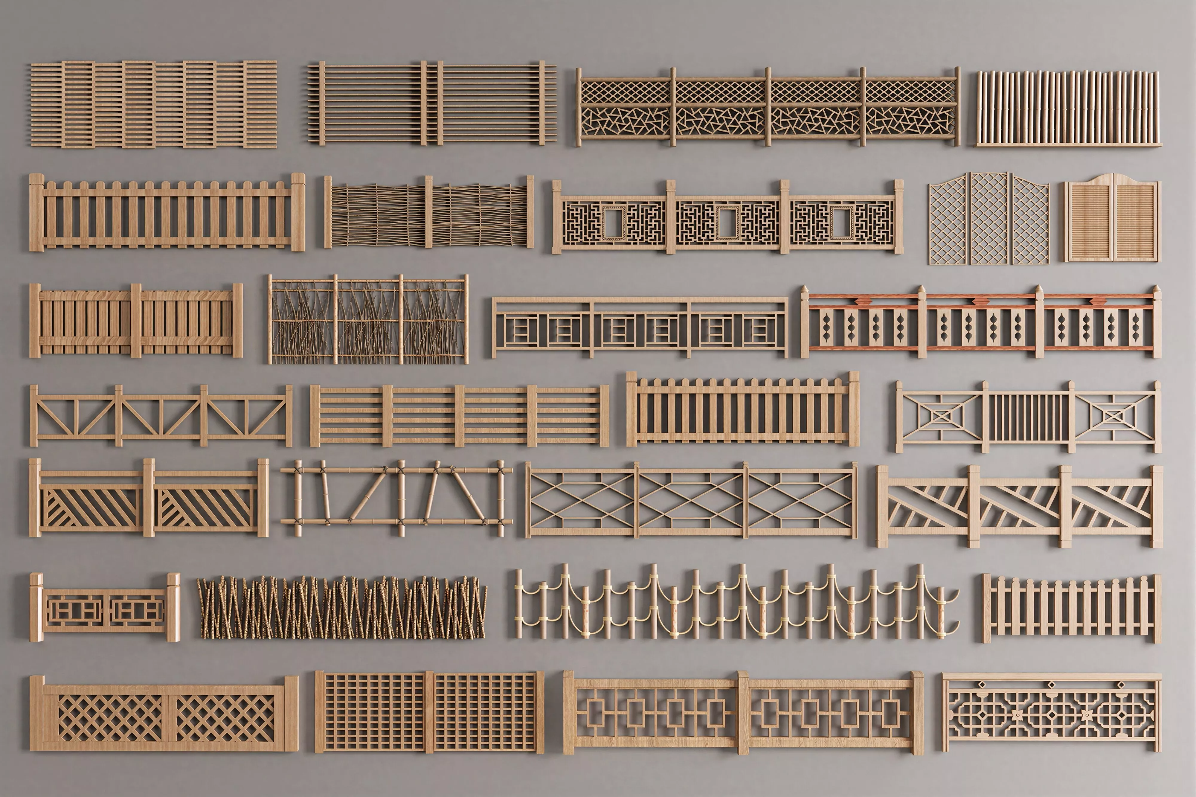 28 Styles Rustic Bamboo Wooden Garden Fence Balustrade 3D model