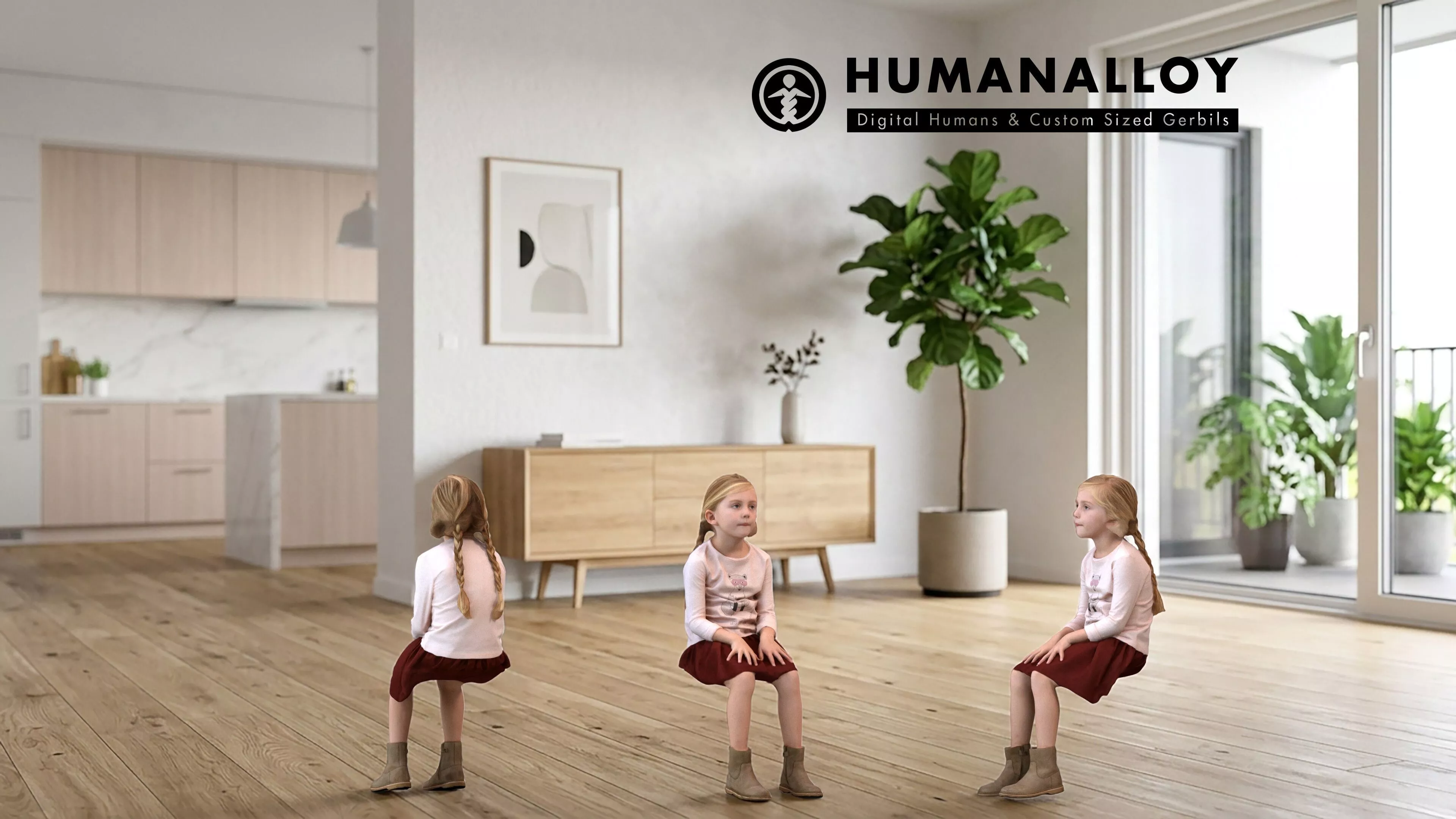 Young Caucasian woman sitting relaxed at home in transitional 3D model
