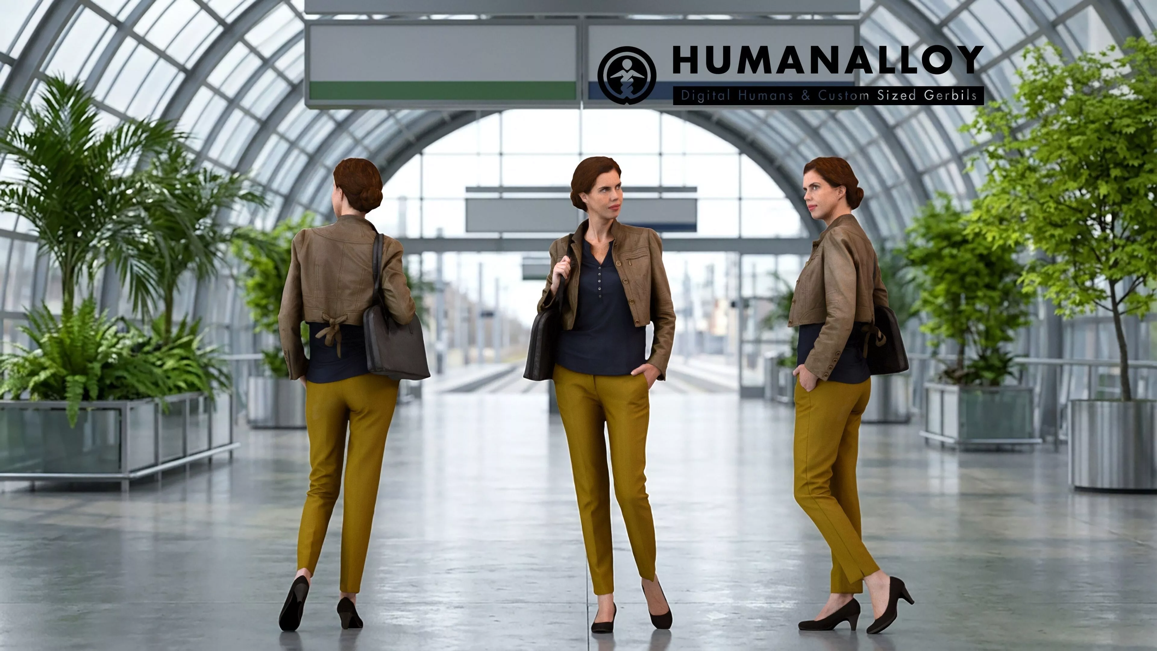 Adult Caucasian woman waiting in public space with bag 3D model