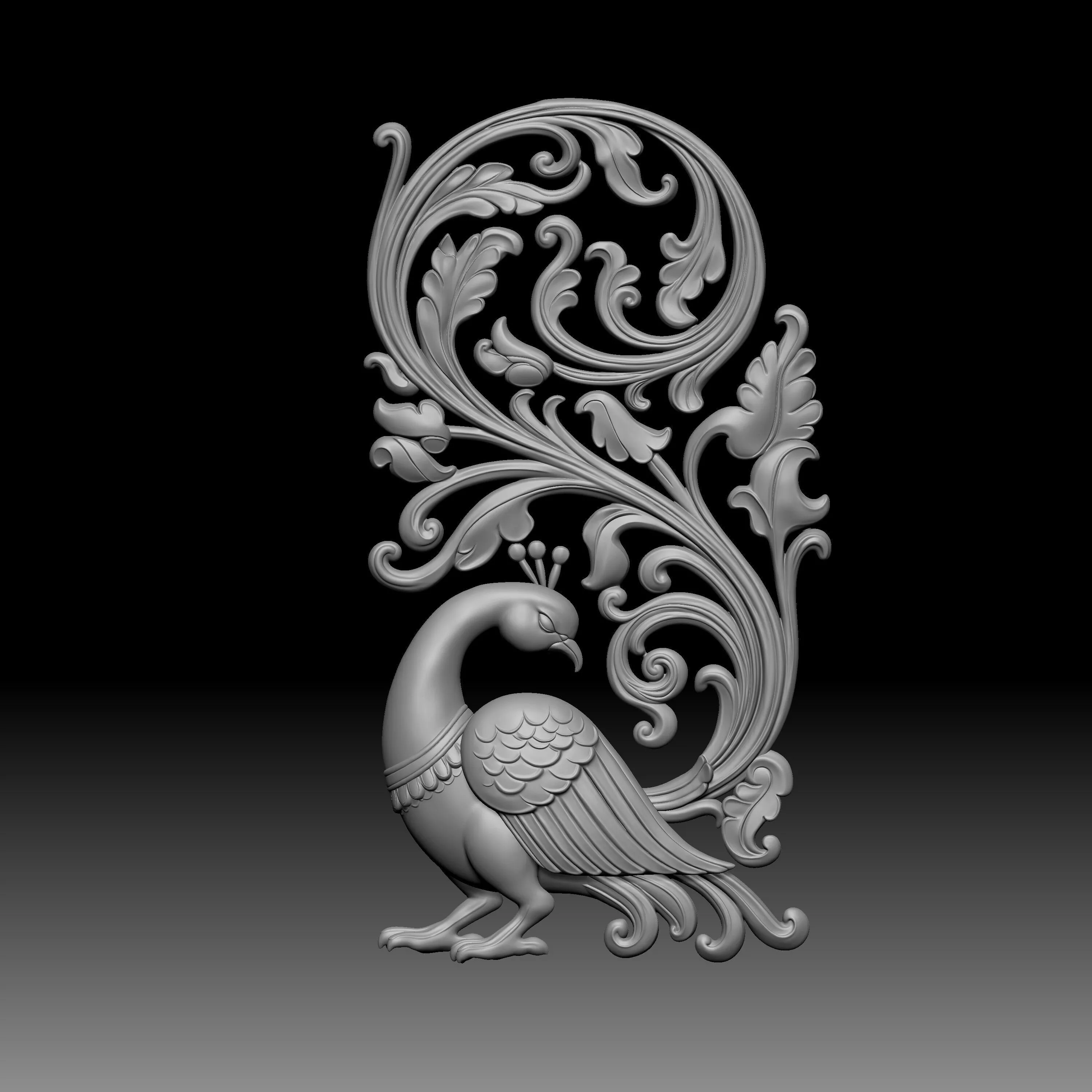 peacock adorned with flowing floral scrollwork 3D print model
