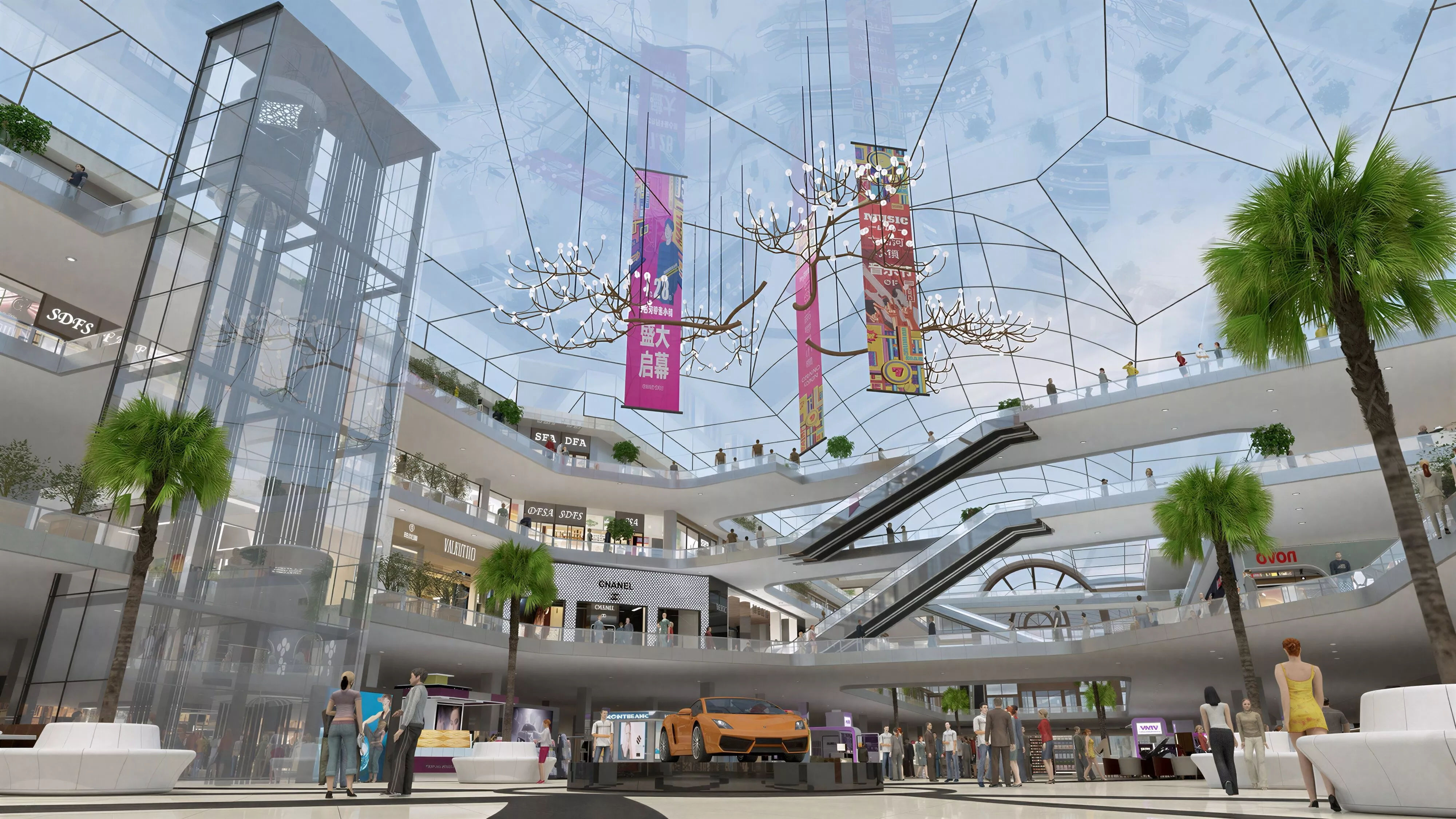 Multi Level Glass Skylight Modern Shopping Mall Atrium Interior 3D model