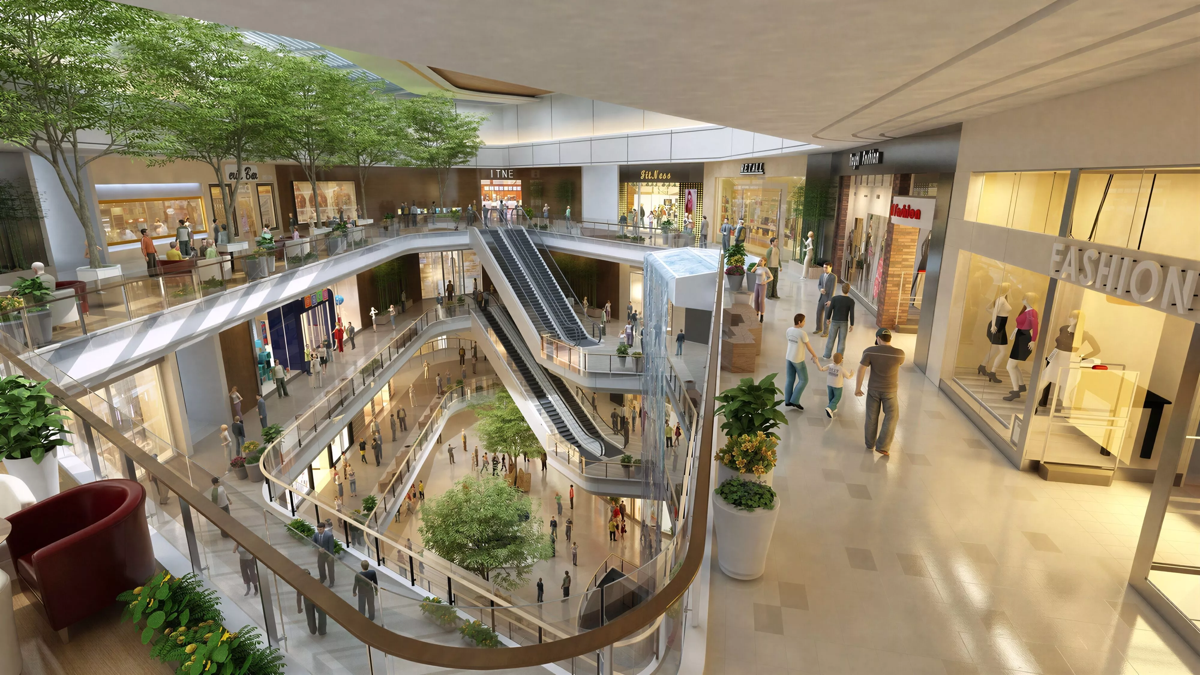 Multi Level Curved Corridor Modern Shopping Mall Atrium Interior 3D model