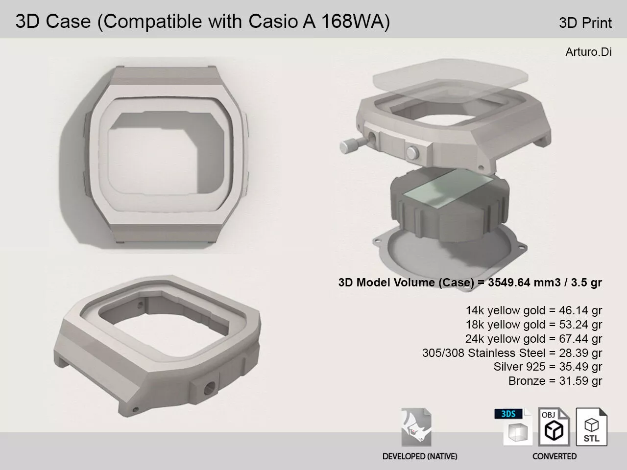 Watch Case compatible with Casio A168WA 3D print model