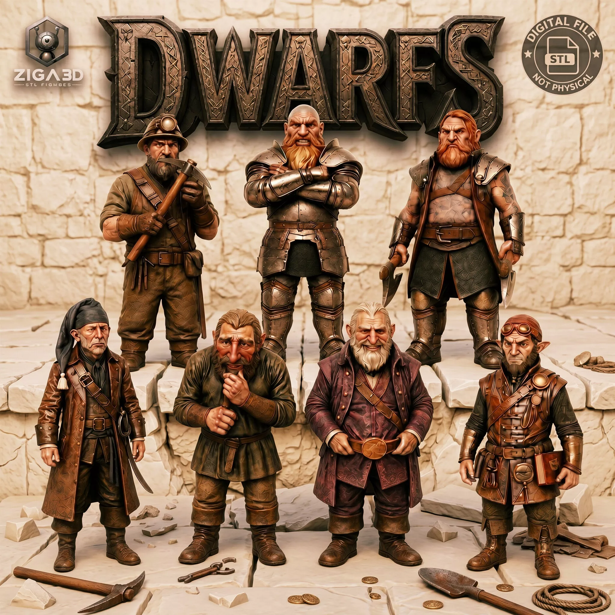 Fantasy Dwarfs STL Bundle 7 Printable Fantasy Character Set 3D print model