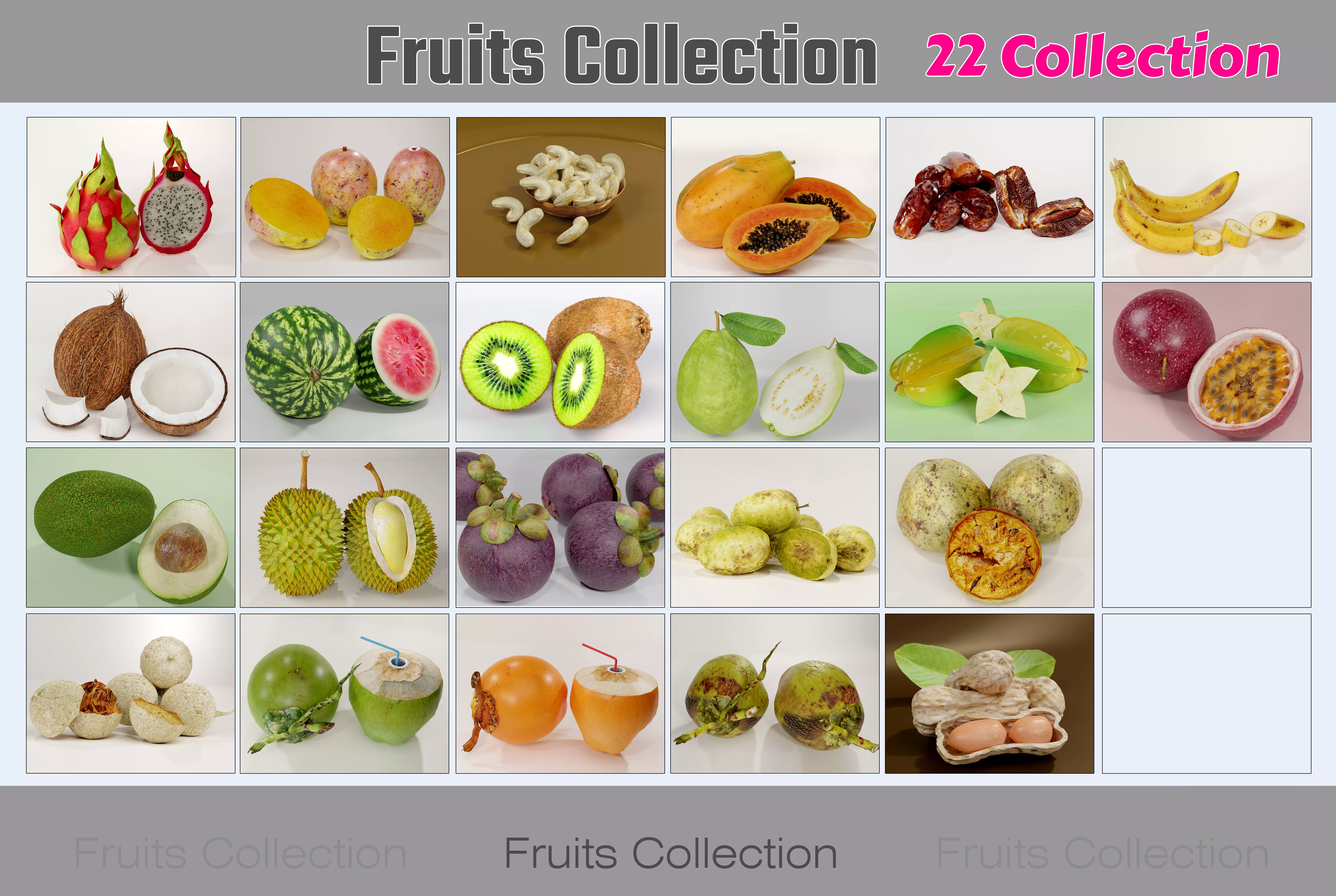 22 Tropical Fruits Collection 3D Models Realistic PBR Pack Low-poly 3D model