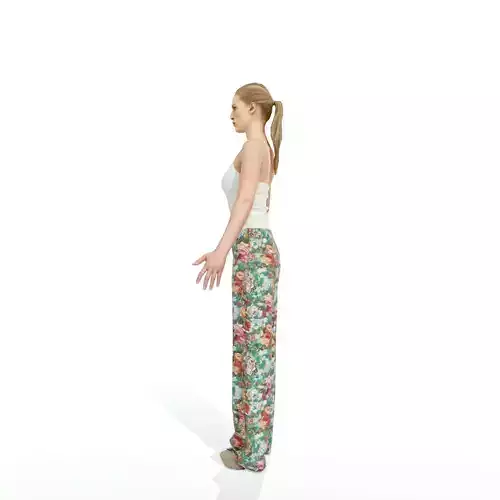 Blonde woman in flower patterned pants