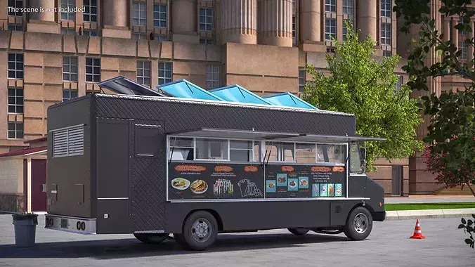 Mobile Kitchen Service Truck with Interior Black 3D model 2