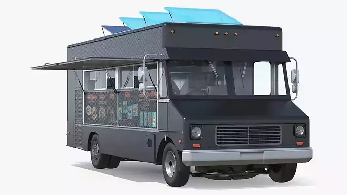 Commercial Food Service Truck Black Rigged 3D model 6