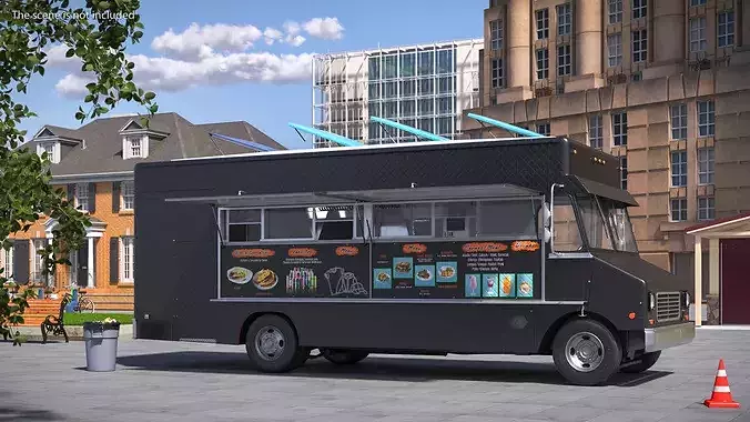 Commercial Food Service Truck Black Rigged 3D model 2