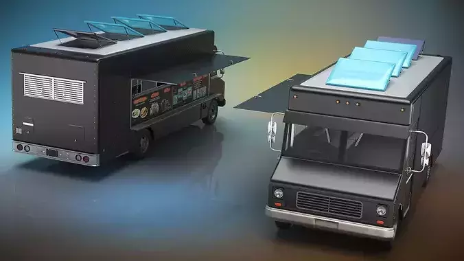 Commercial Food Service Truck Black Rigged 3D model 5