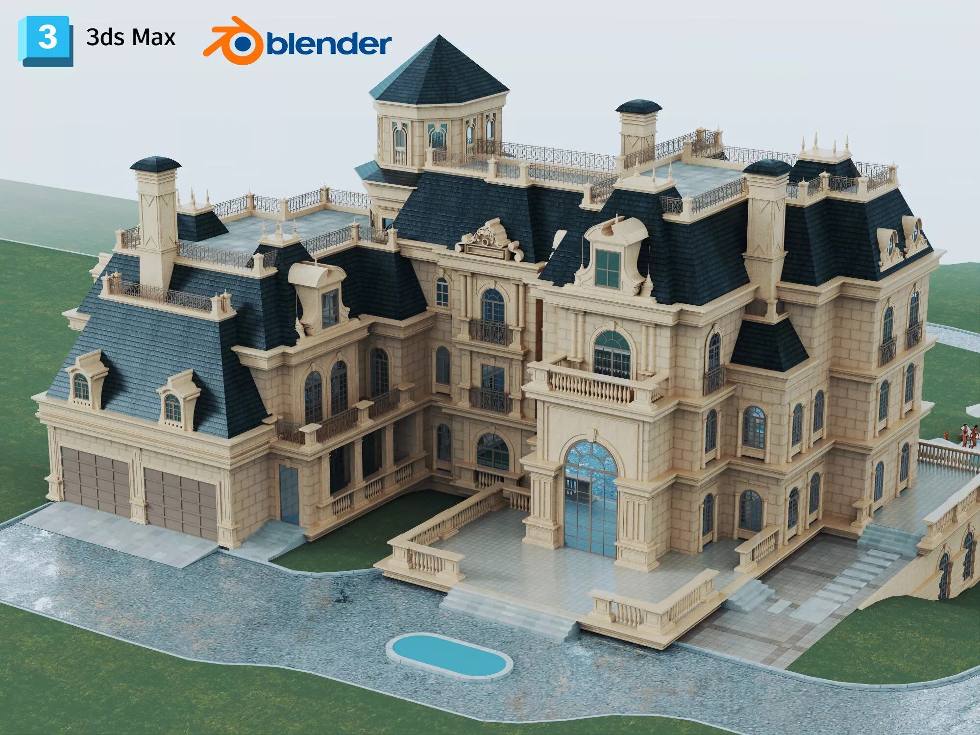 French Manor Villa 3D Model Luxury Mansion 3D model