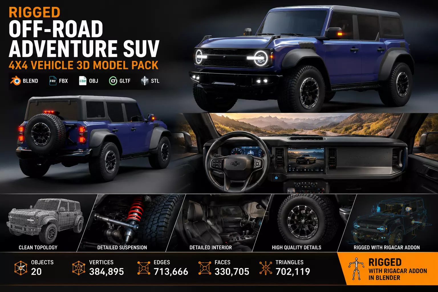 Rigged Off-Road Adventure SUV 4x4 Vehicle 3D Model Pack Low-poly 3D model