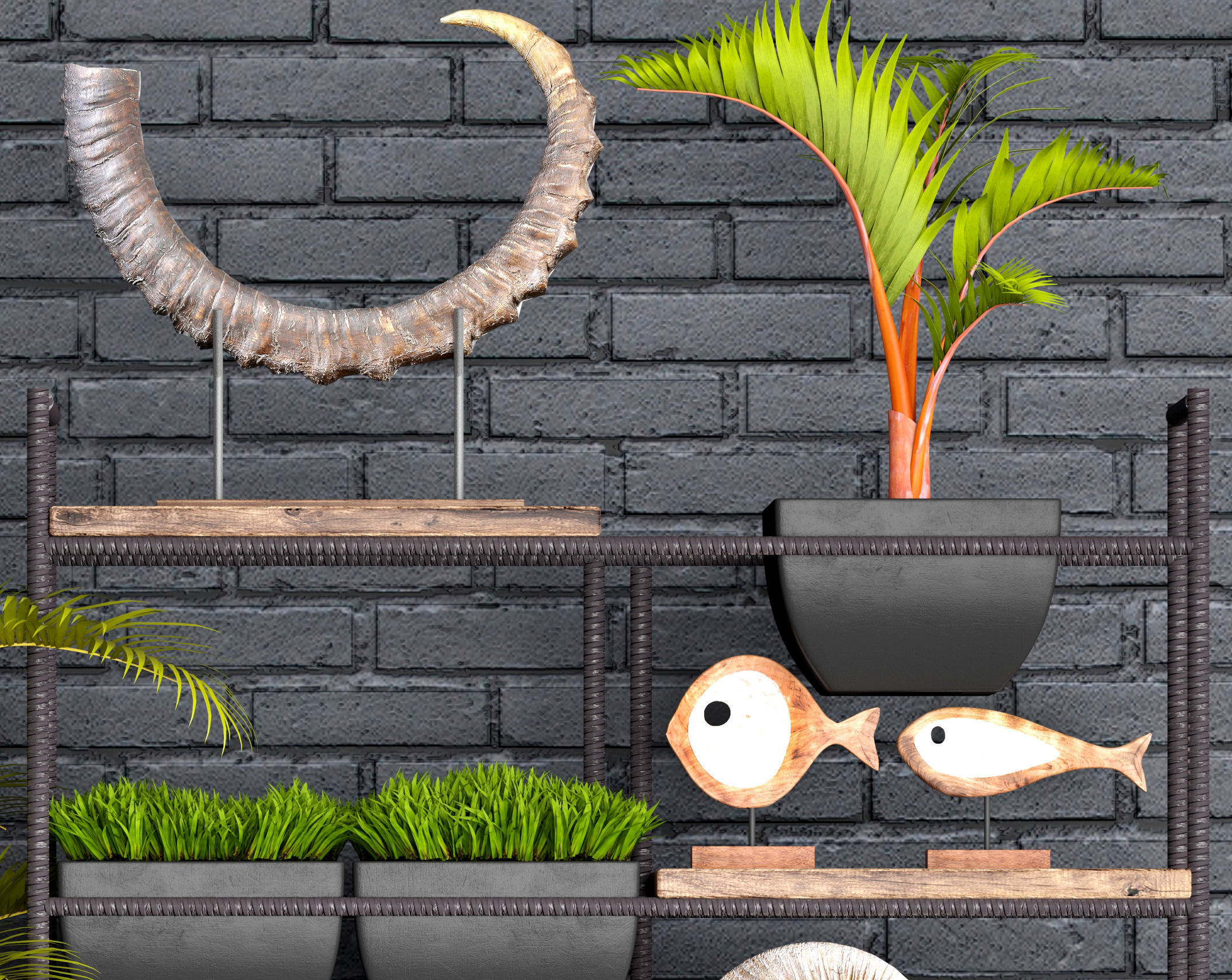 Decorative set plants on shelf 3D model_2