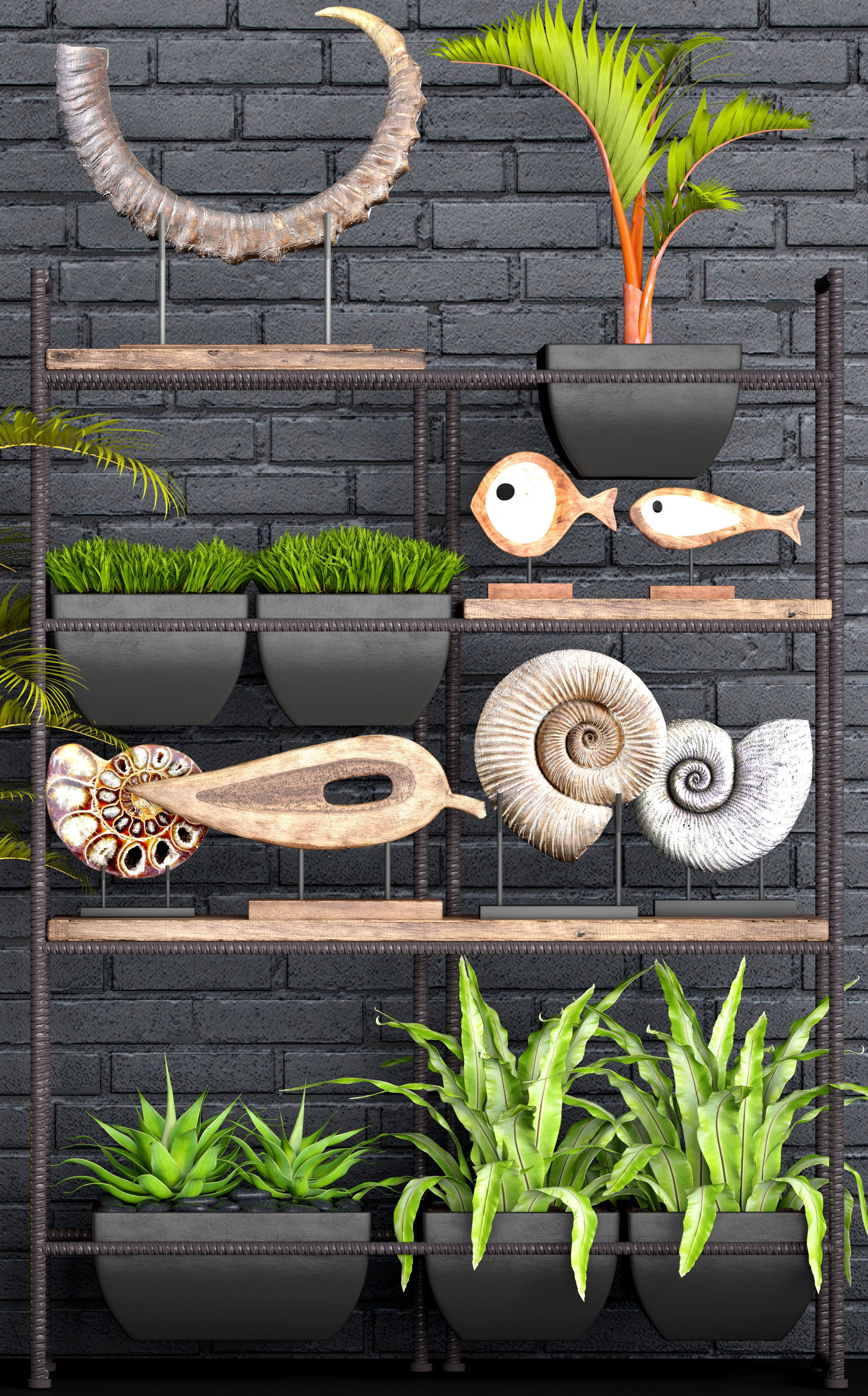 Decorative set plants on shelf 3D model_10