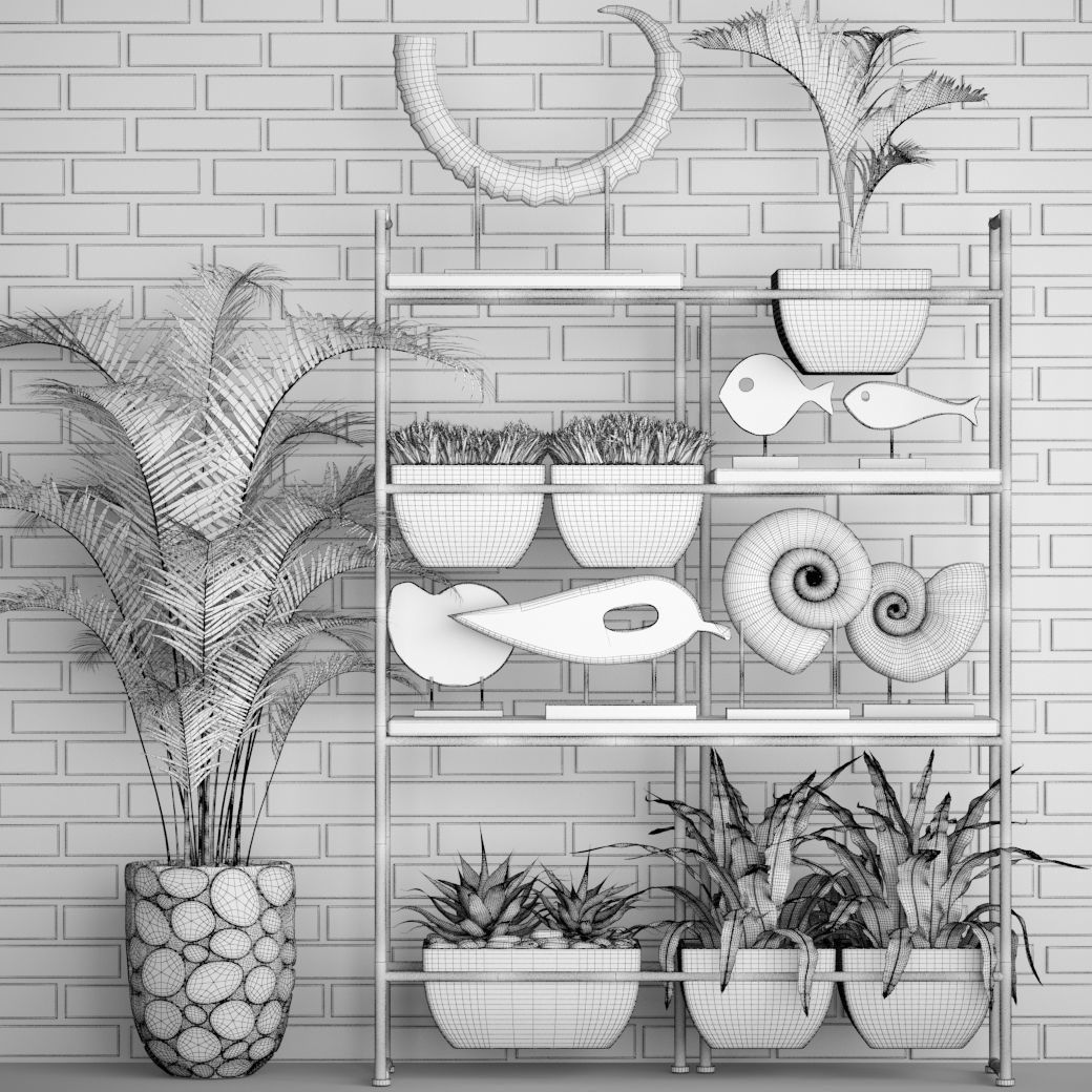 Decorative set plants on shelf 3D model_5