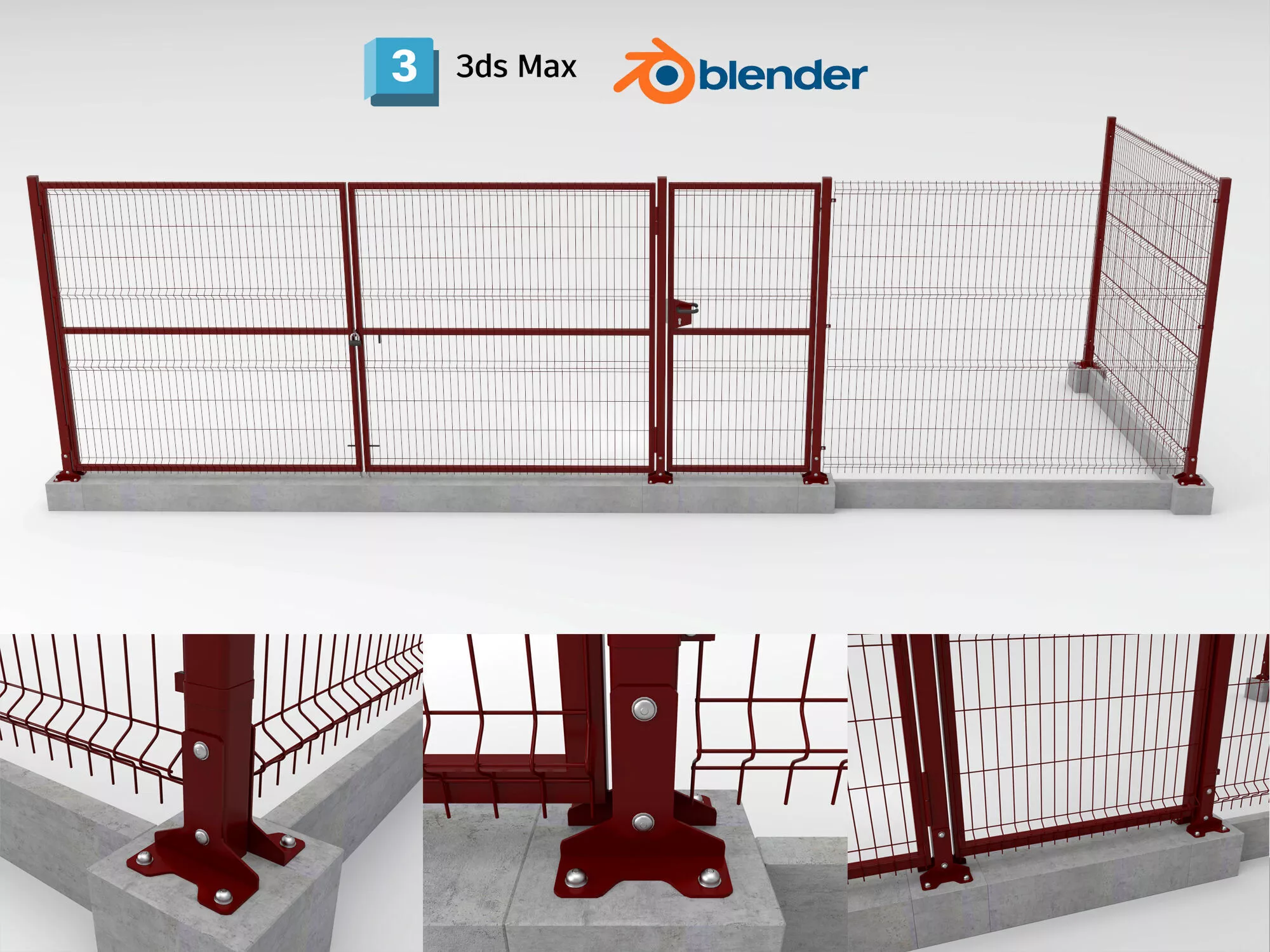 Red Metal Security Fence and Gate System Low-poly 3D model