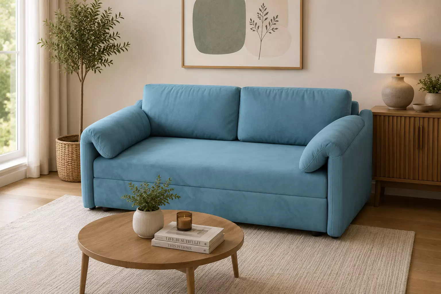 Blue Convertible Sofa Bed with Cushioned Backrests 3D model