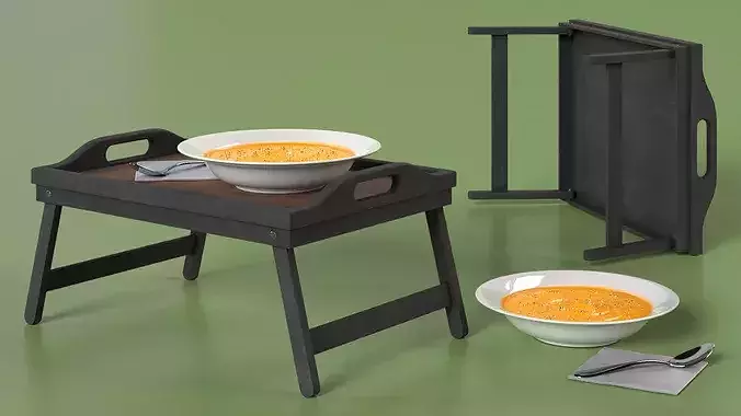 Wooden Bed Tray with Pumpkin Soup 3D model 5