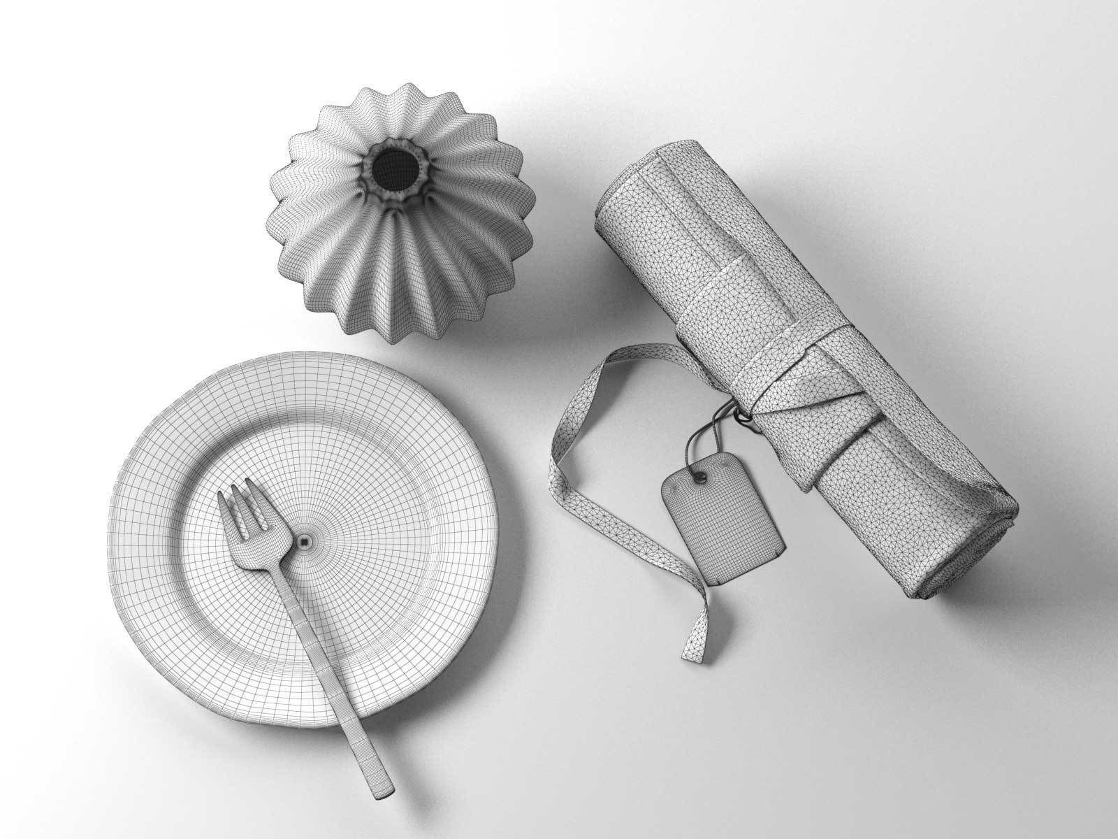 Plate Fork Vase and Rolled Cloth 3D model_1