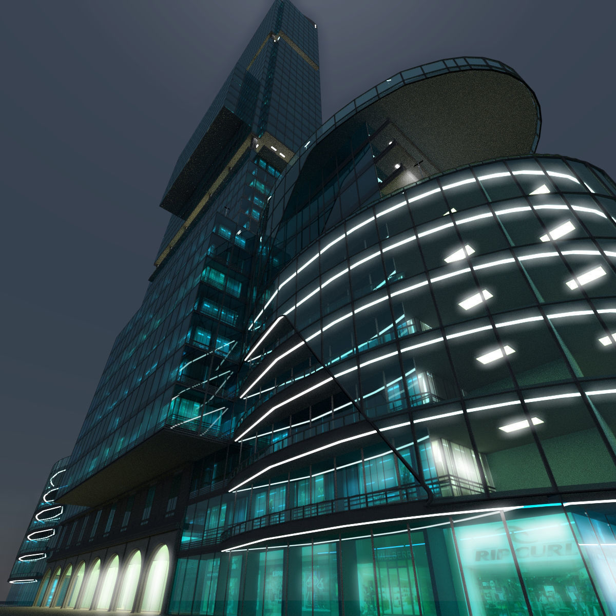 Skyscraper 5 office building at night 3D model_3