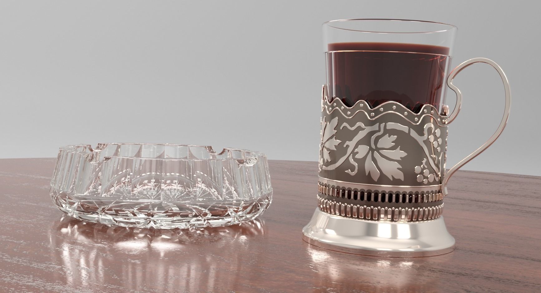 tea set cup of coffee and glass Free 3D model_0