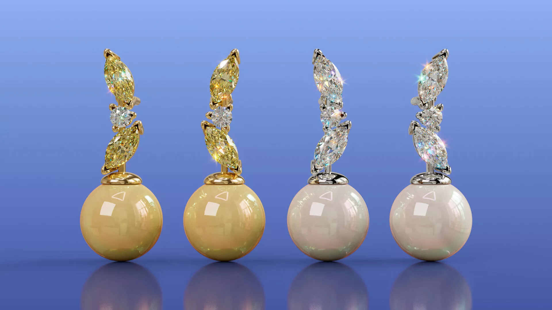 Elegant Marquise Diamond and 8mm Pearls Drop Studs Earrings 3D print model