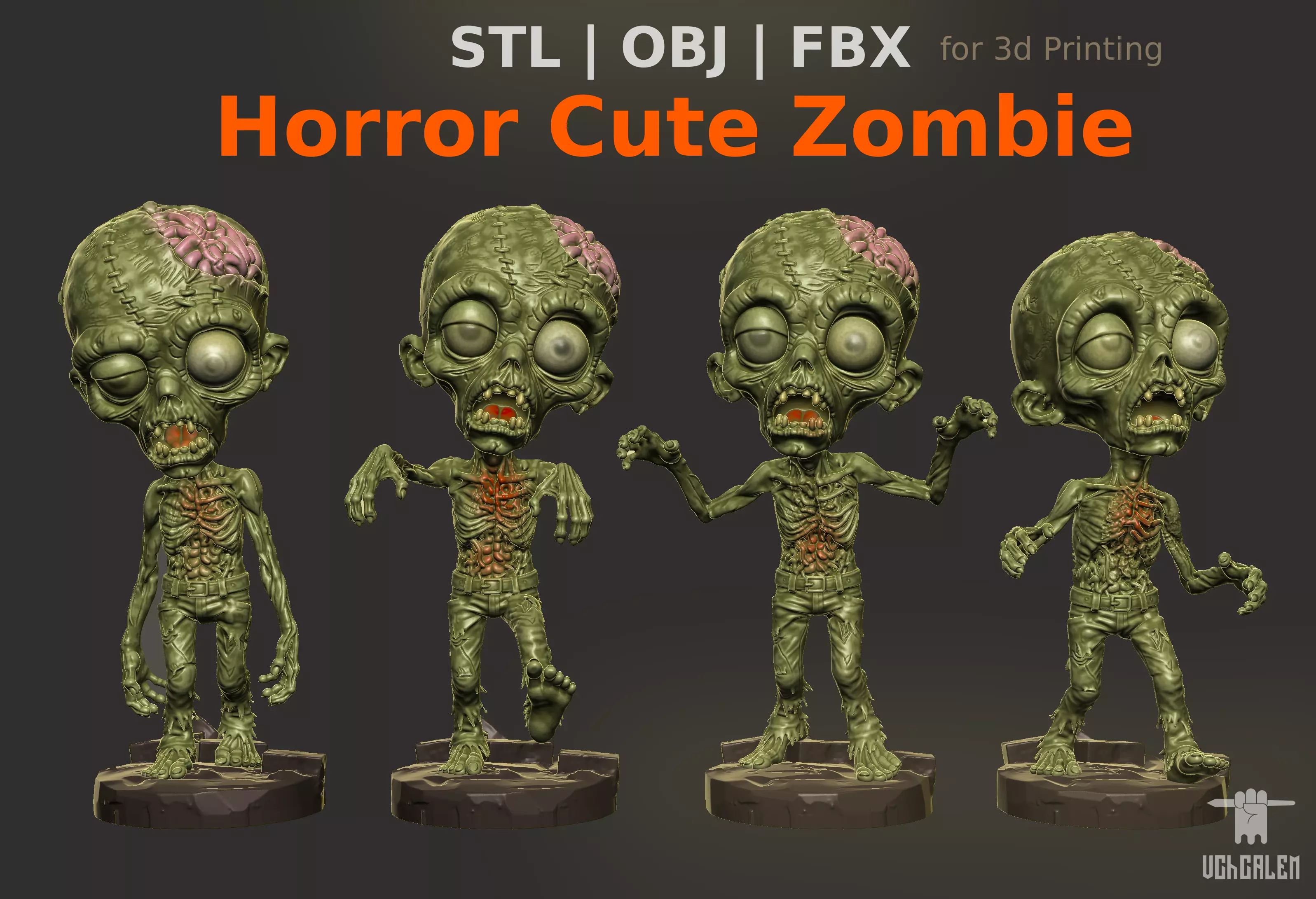 Horror Cute Zombie Set 4 Stylized Cartoon Halloween Miniatures 3D print model