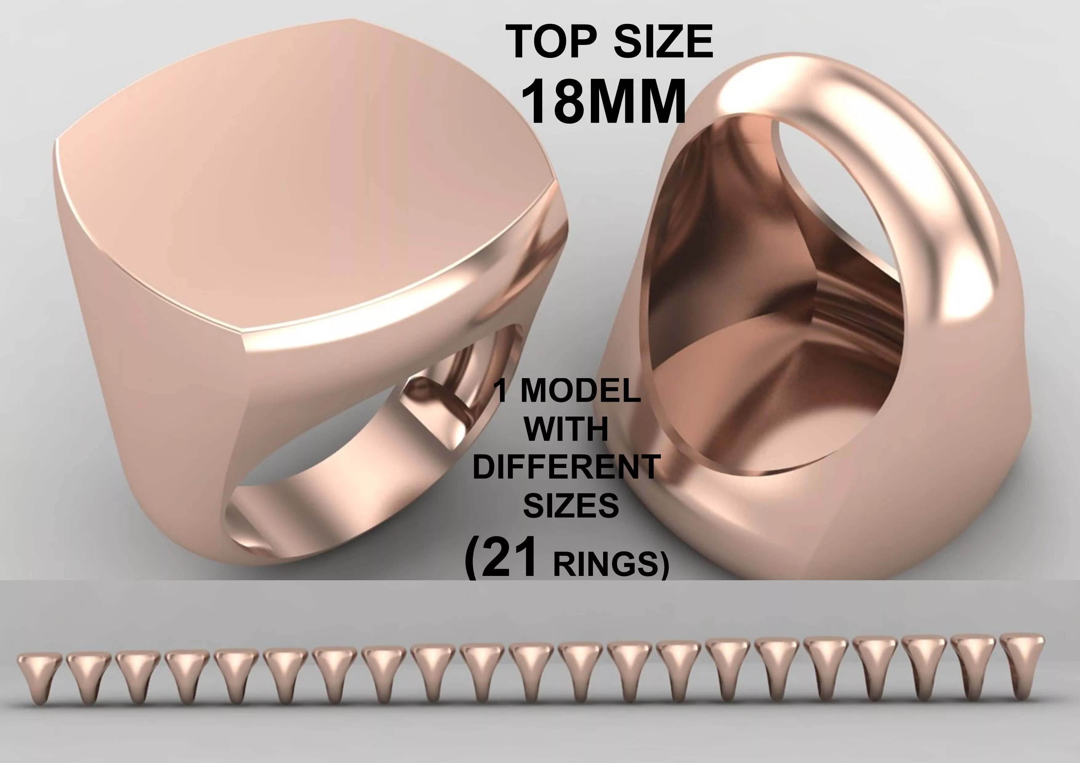 cushion square Signet Ring Base 18 MM top in All sizes 296-MWC 3D print model