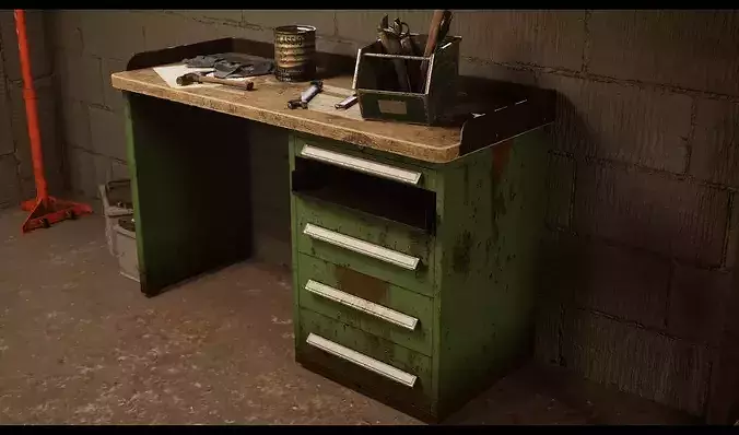Rigged Industrial Workshop Workbench  Game Ready PBR