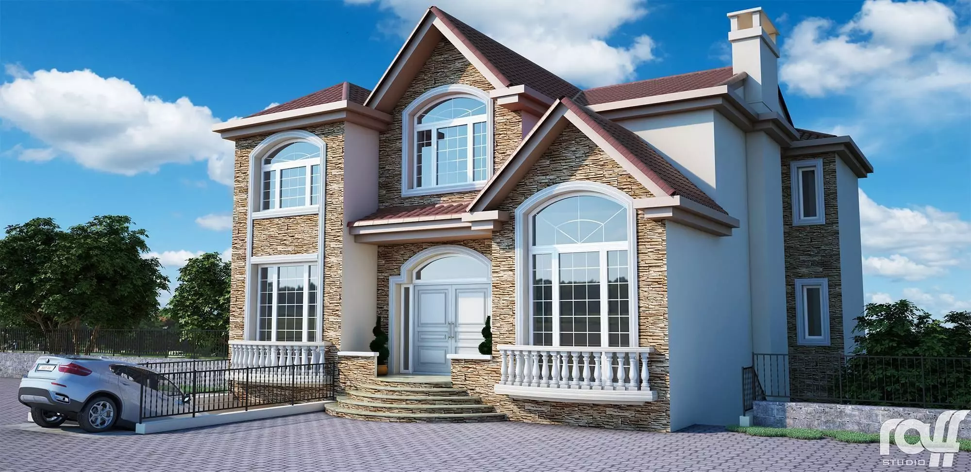 Villa house design Low-poly 3D model_0