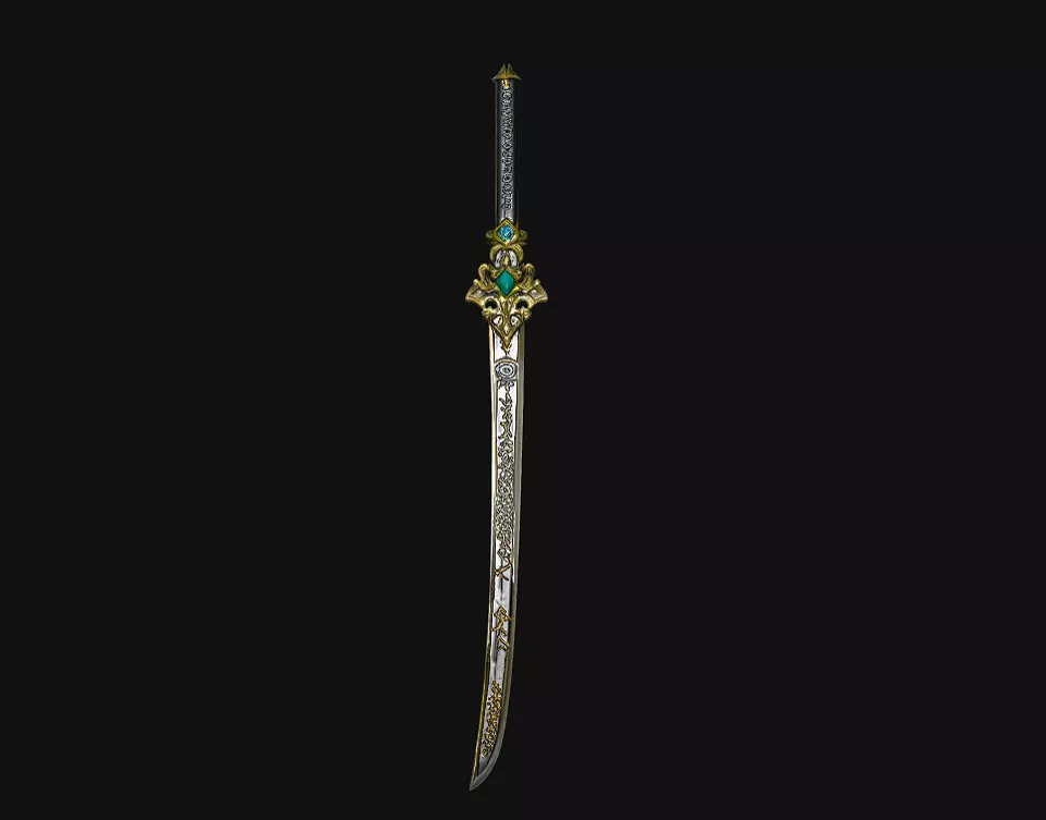 A curved sword with gold details for your project 3D print model