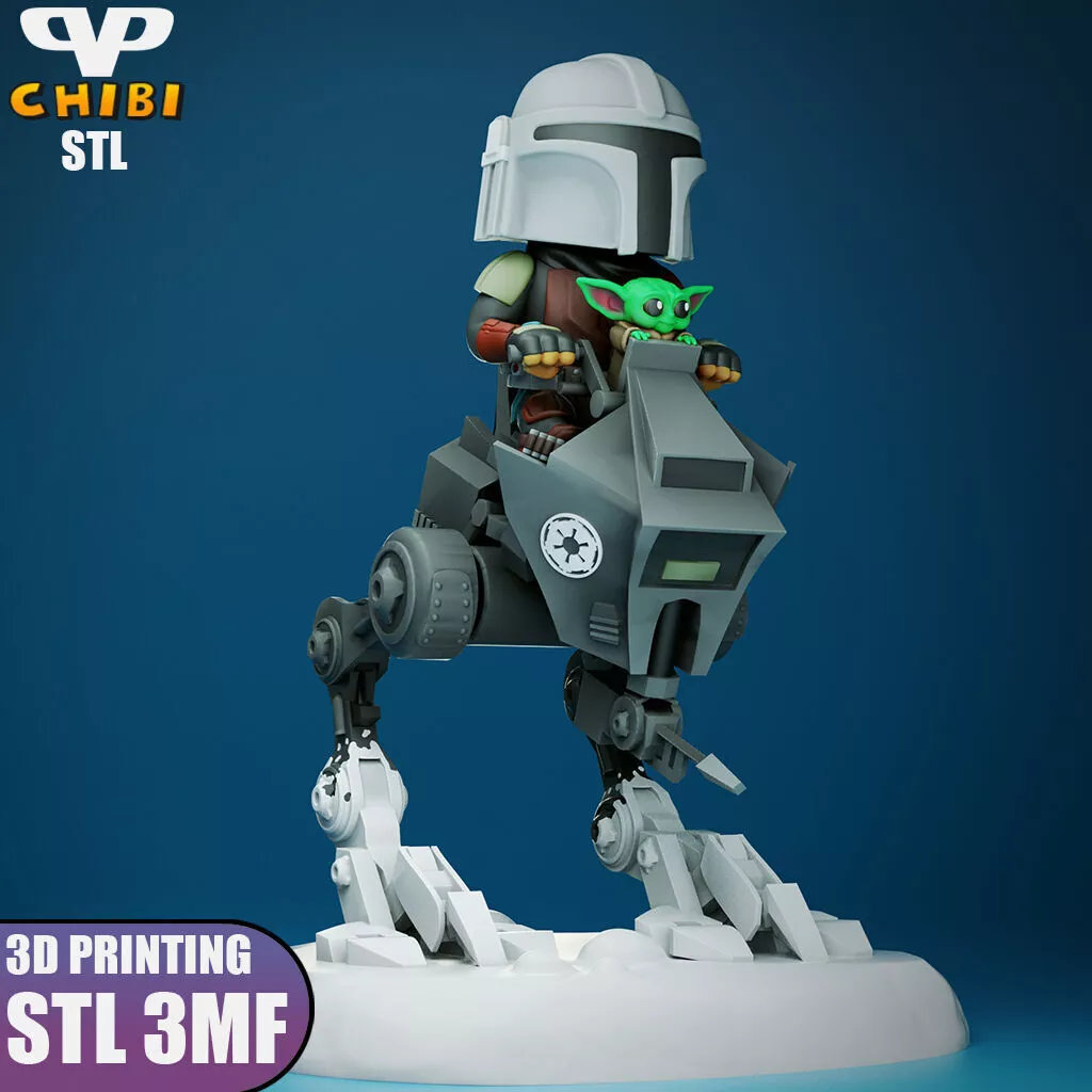 Mandalorian and Grogu in AT-RT Chibi STL 3MF 3DXM ChibiSTL 3D print model